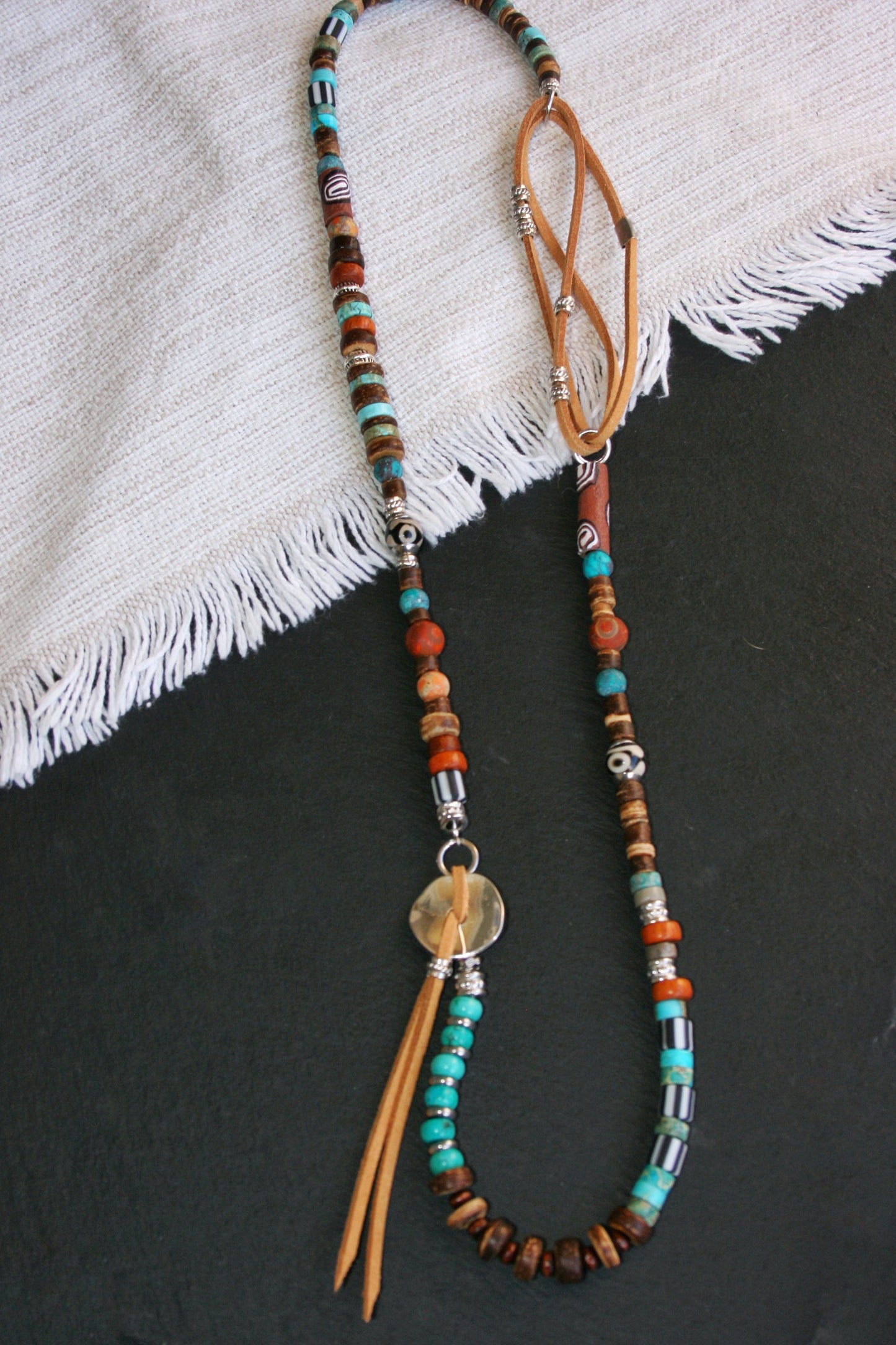 Mens Tribal Necklace – Asymmetrical Gemstone & Leather Boho Necklace