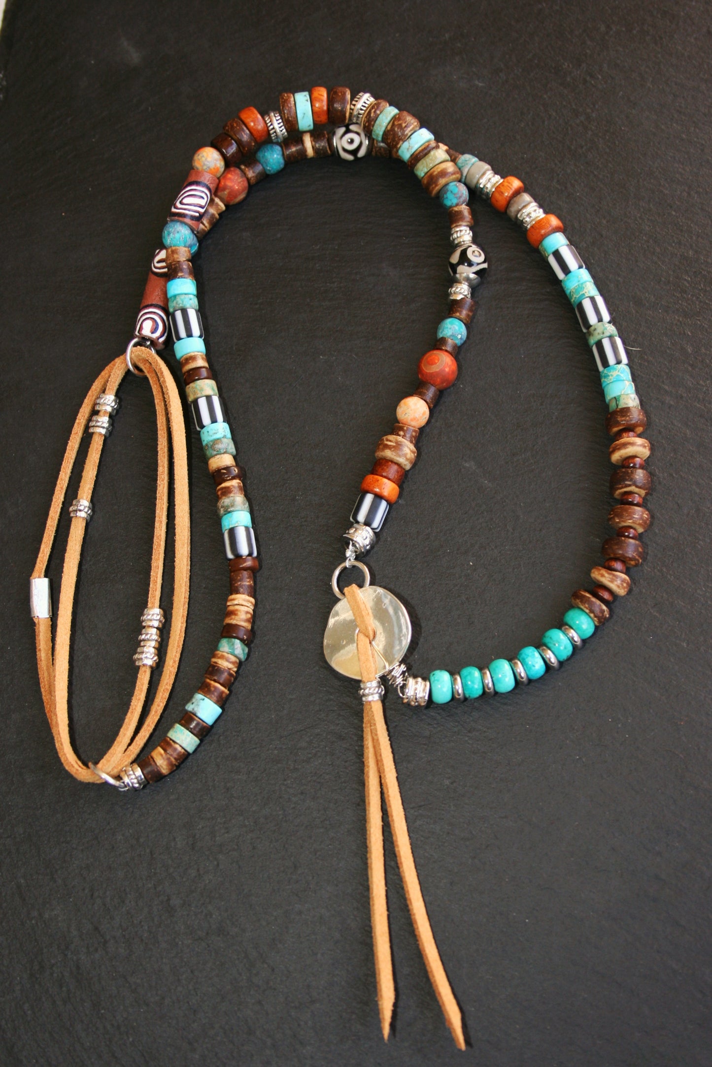 Mens Tribal Necklace – Asymmetrical Gemstone & Leather Boho Necklace