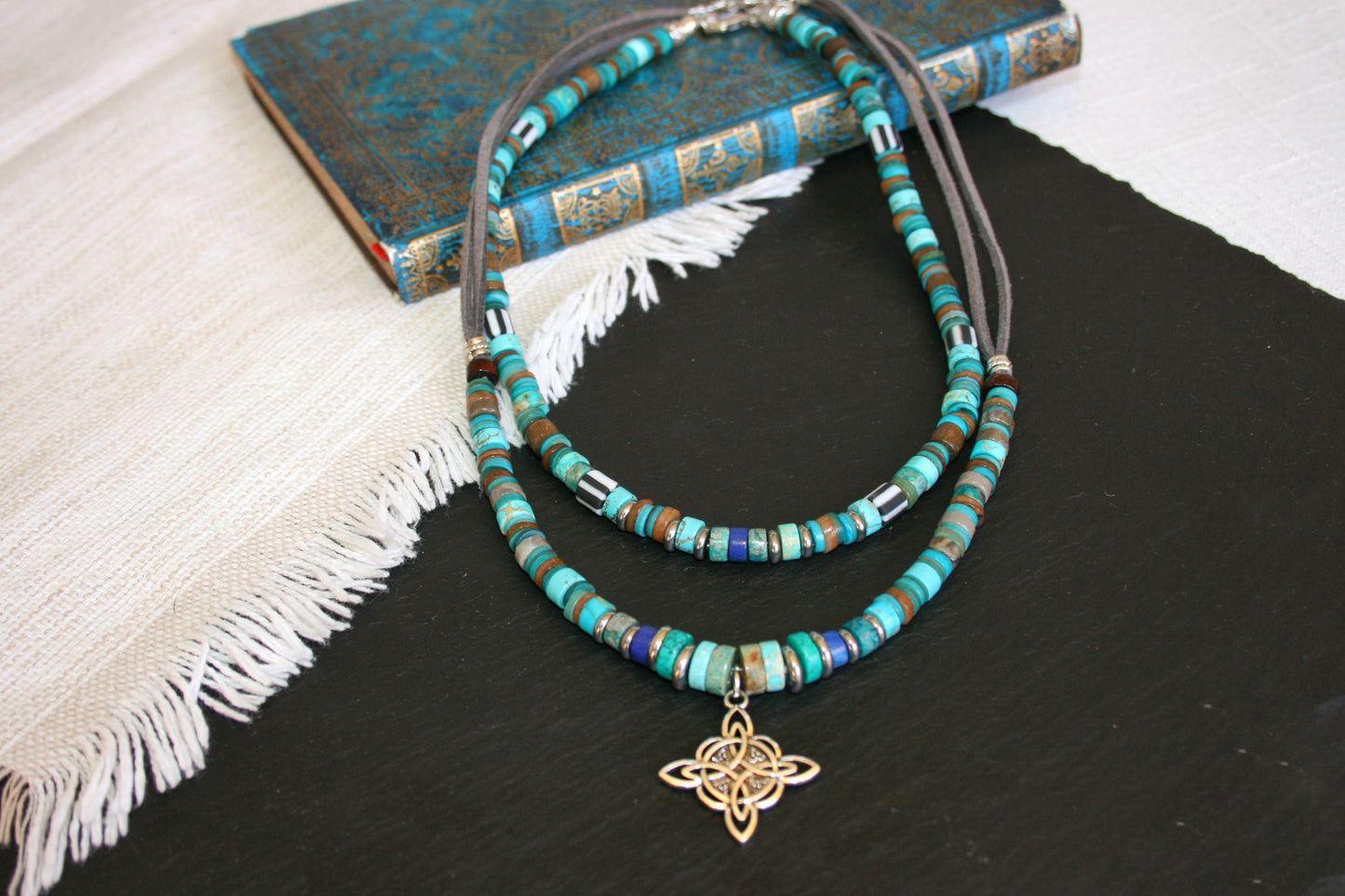 Mens Gemstone Necklace Set, Lapis Lazuli Turquoise Choker & Pendant Necklace