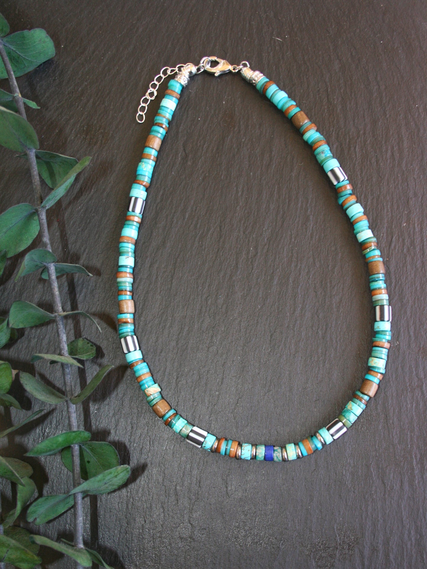 Mens Gemstone Necklace Set, Lapis Lazuli Turquoise Choker & Pendant Necklace