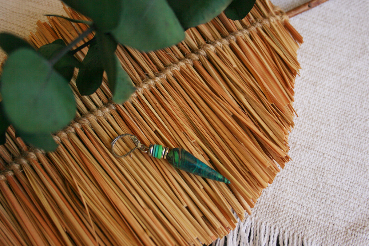 Men's Green Cone Drop Earring – Polymer Clay Heishi Beads Boho Jewelry