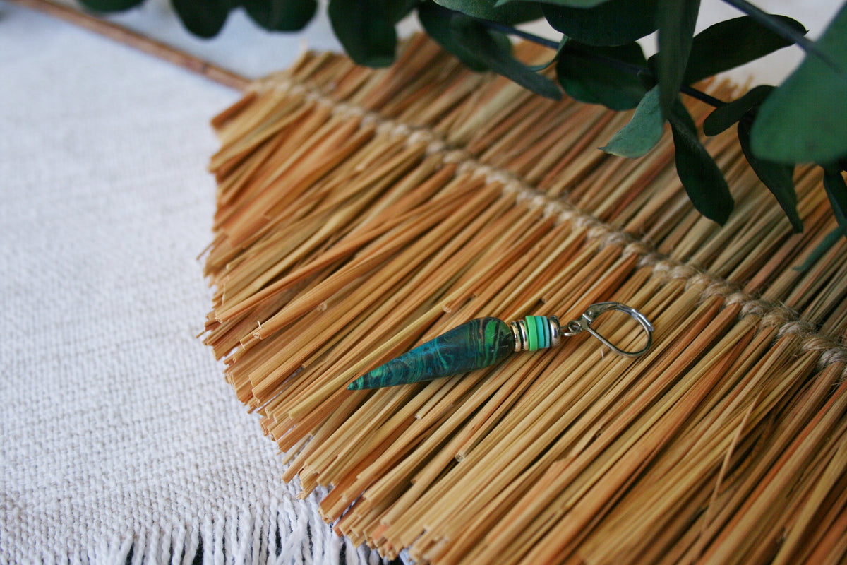 Men's Green Cone Drop Earring – Polymer Clay Heishi Beads Boho Jewelry