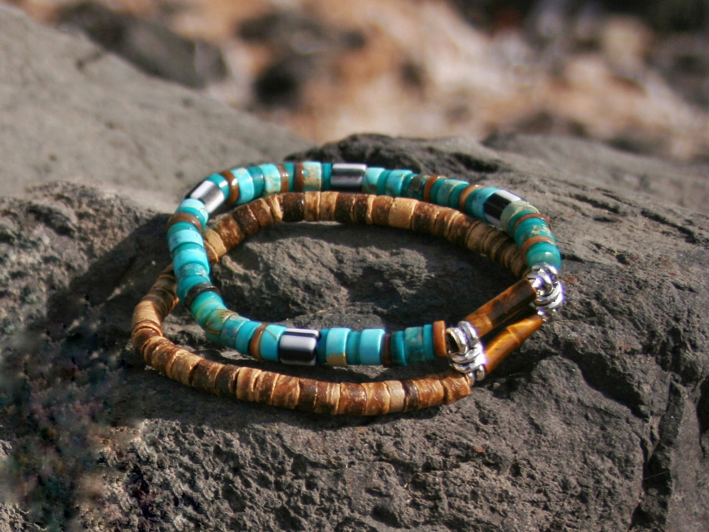 Unisex Turquoise & Coconut Bead Bracelet Set, Boho Hippie Bracelets, Handmade Gemstone Jewelry, Tiger Eye Bracelet Duo