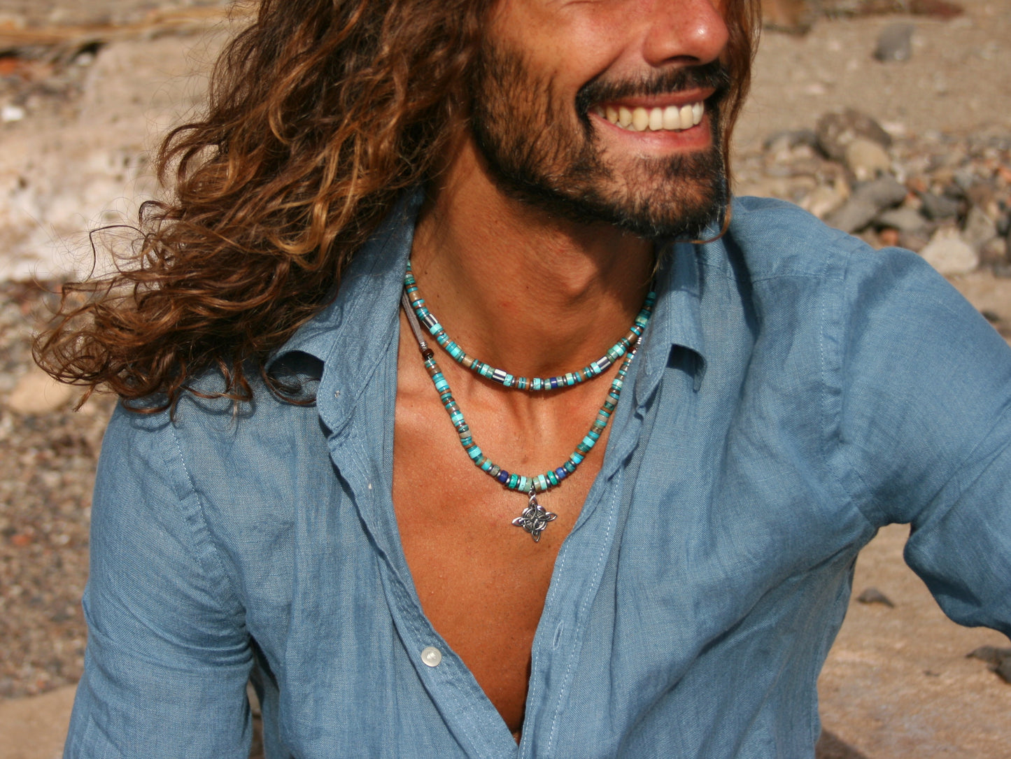 Mens Gemstone Necklace Set, Lapis Lazuli Turquoise Choker & Pendant Necklace