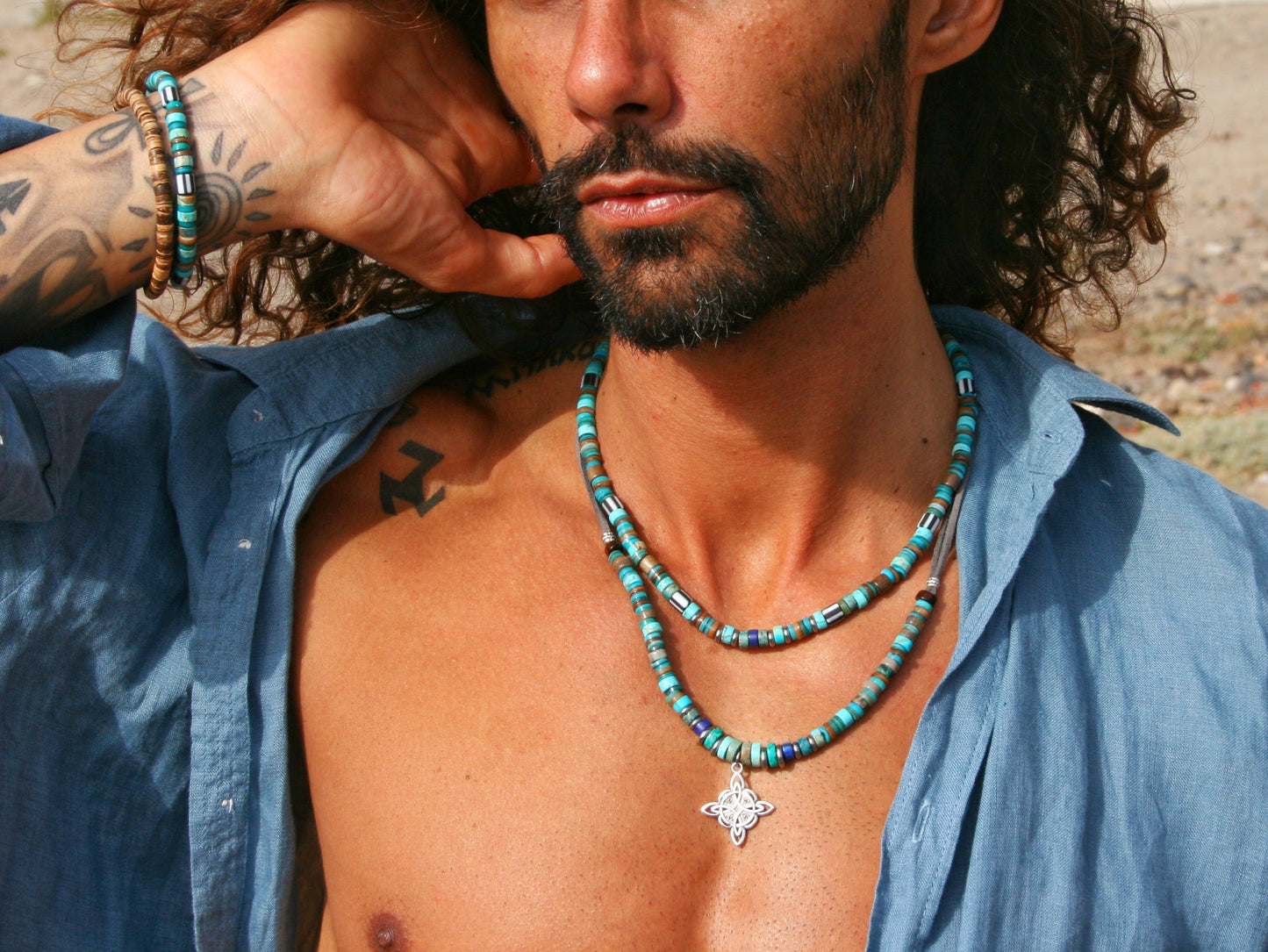 Mens Gemstone Necklace Set, Lapis Lazuli Turquoise Choker & Pendant Necklace
