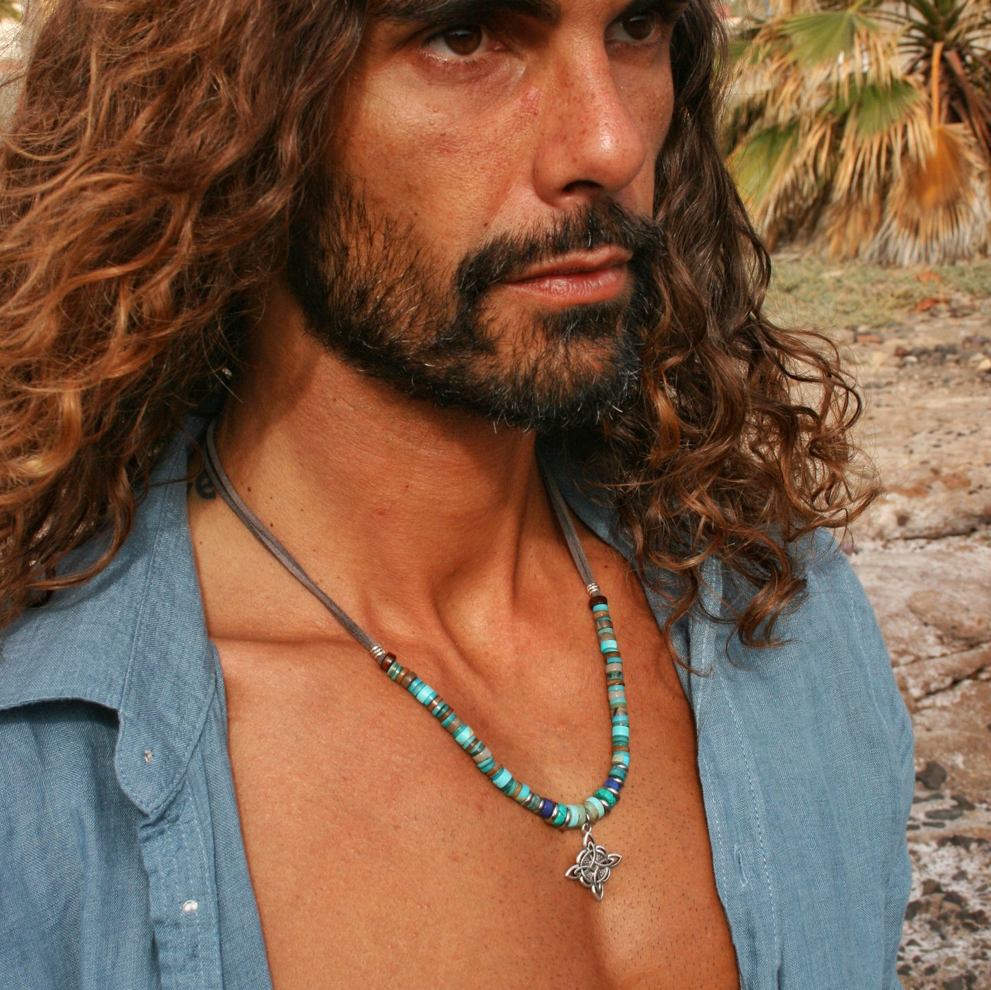 Mens Gemstone Necklace Set, Lapis Lazuli Turquoise Choker & Pendant Necklace