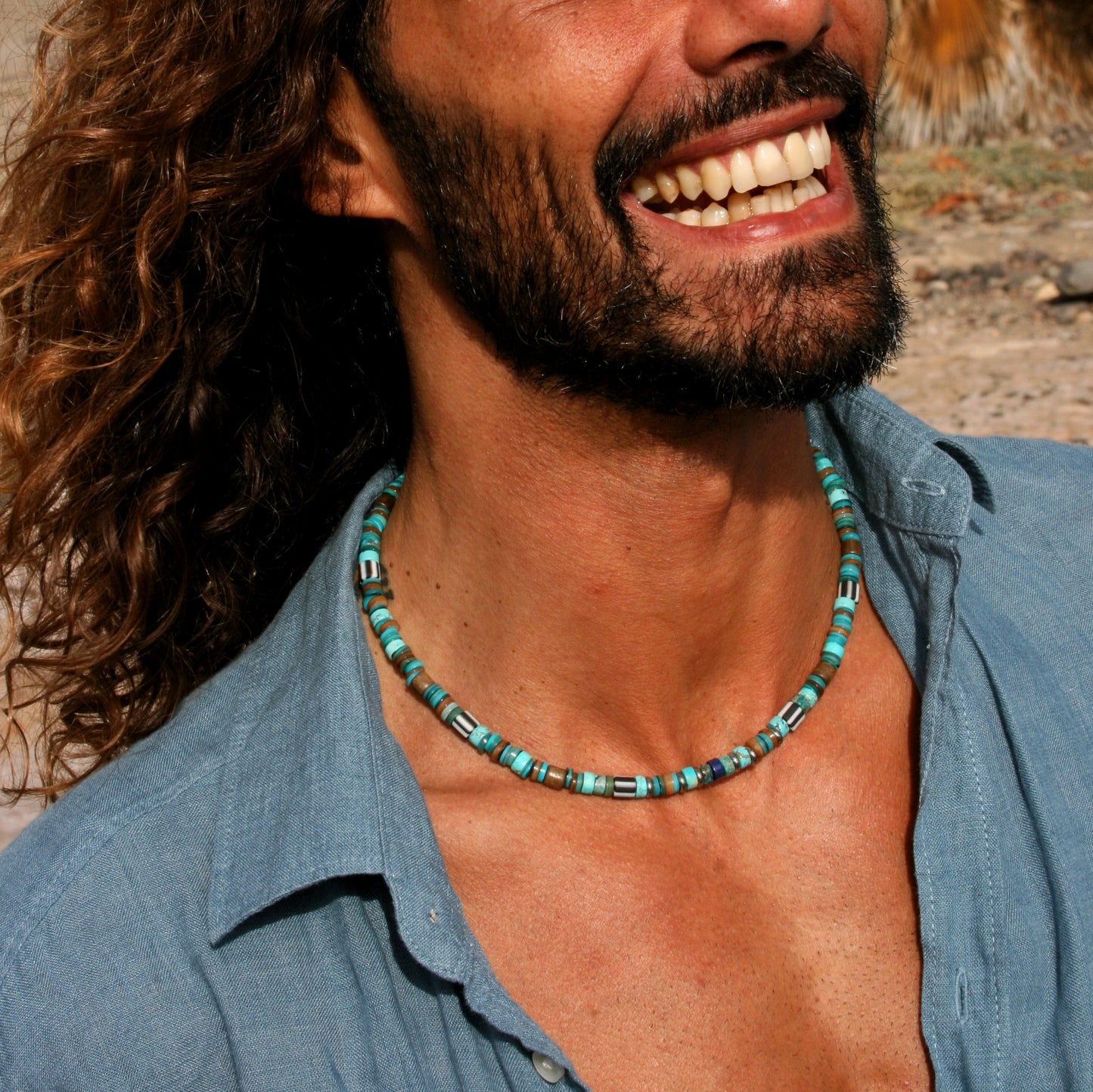 Mens Gemstone Necklace Set, Lapis Lazuli Turquoise Choker & Pendant Necklace