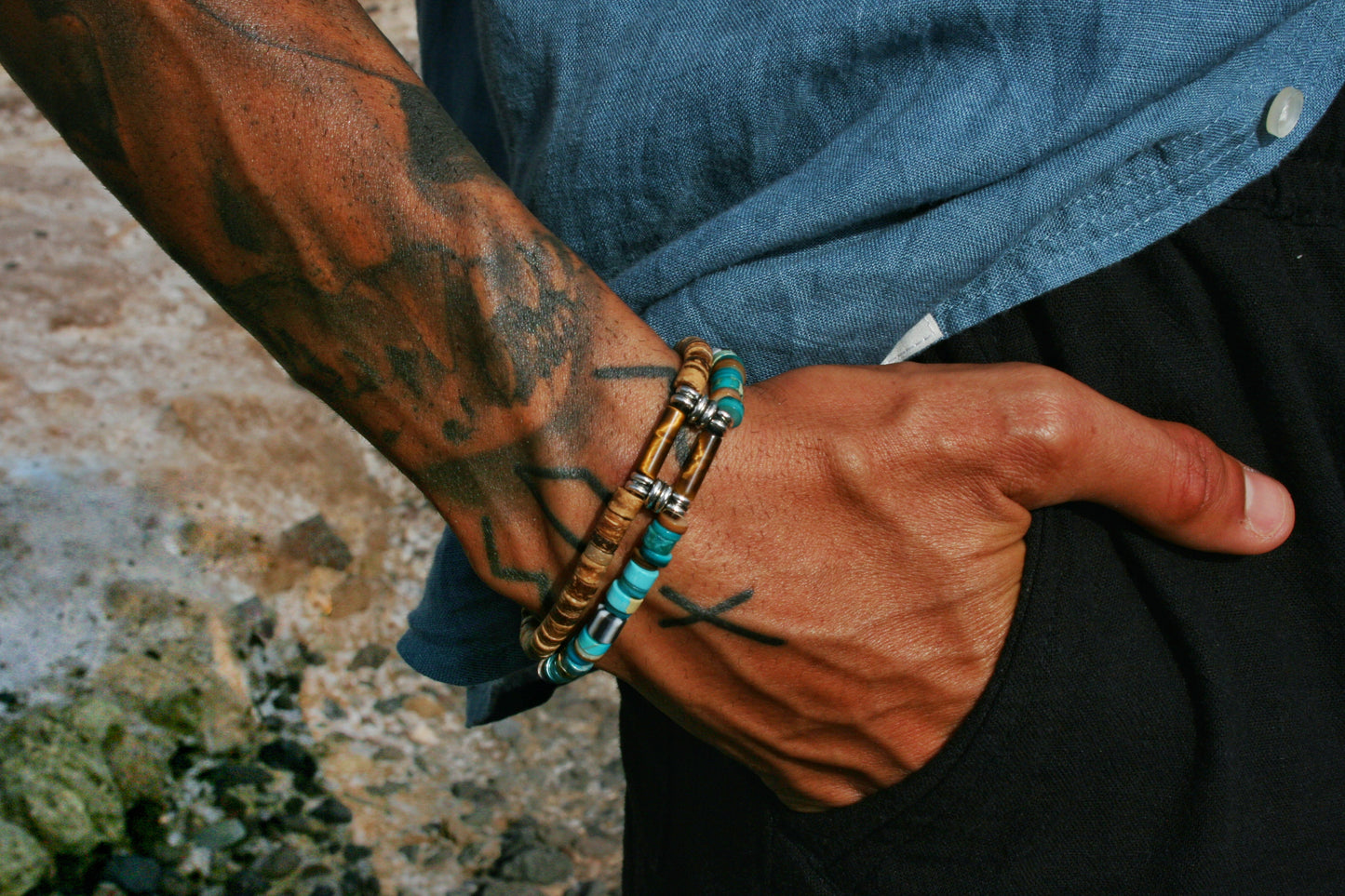 Unisex Turquoise & Coconut Bead Bracelet Set, Boho Hippie Bracelets, Handmade Gemstone Jewelry, Tiger Eye Bracelet Duo