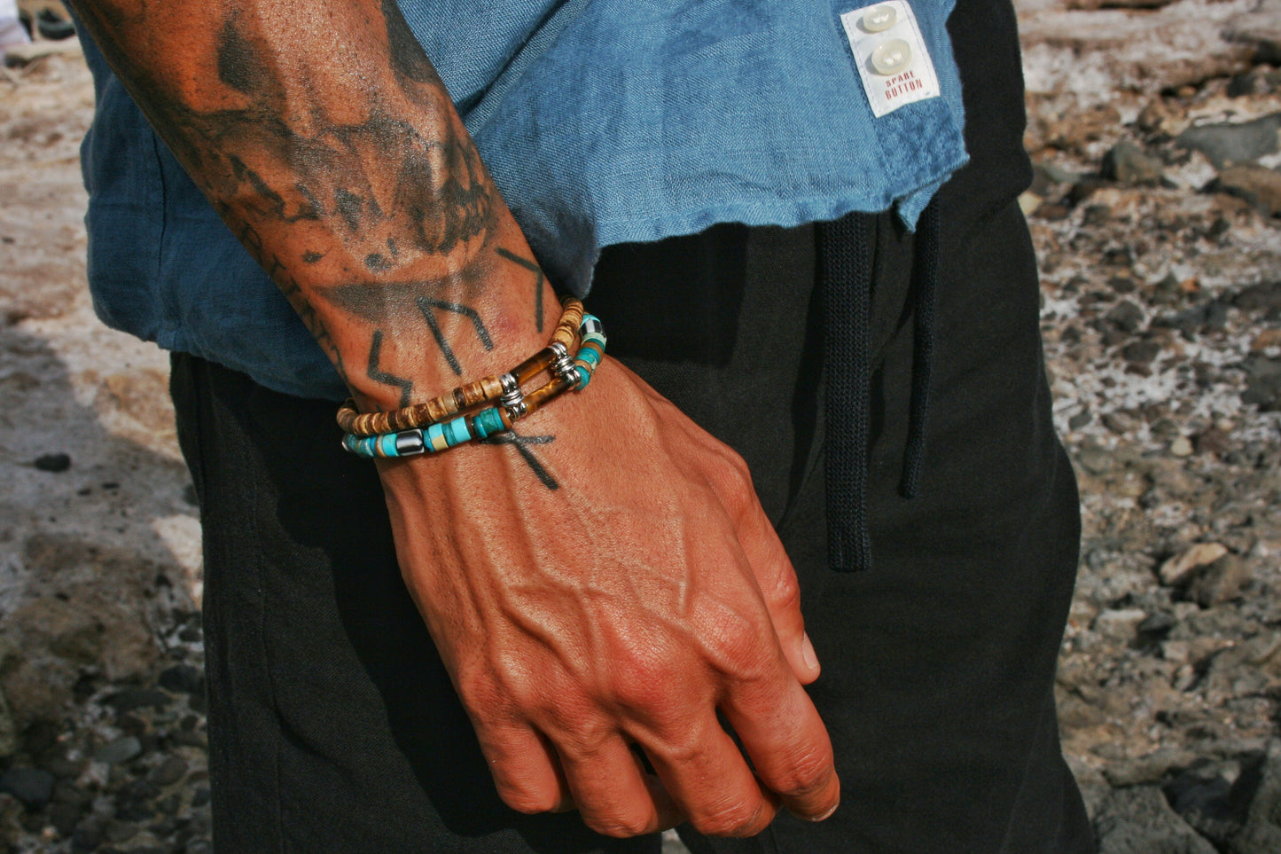 Unisex Turquoise & Coconut Bead Bracelet Set, Boho Hippie Bracelets, Handmade Gemstone Jewelry, Tiger Eye Bracelet Duo