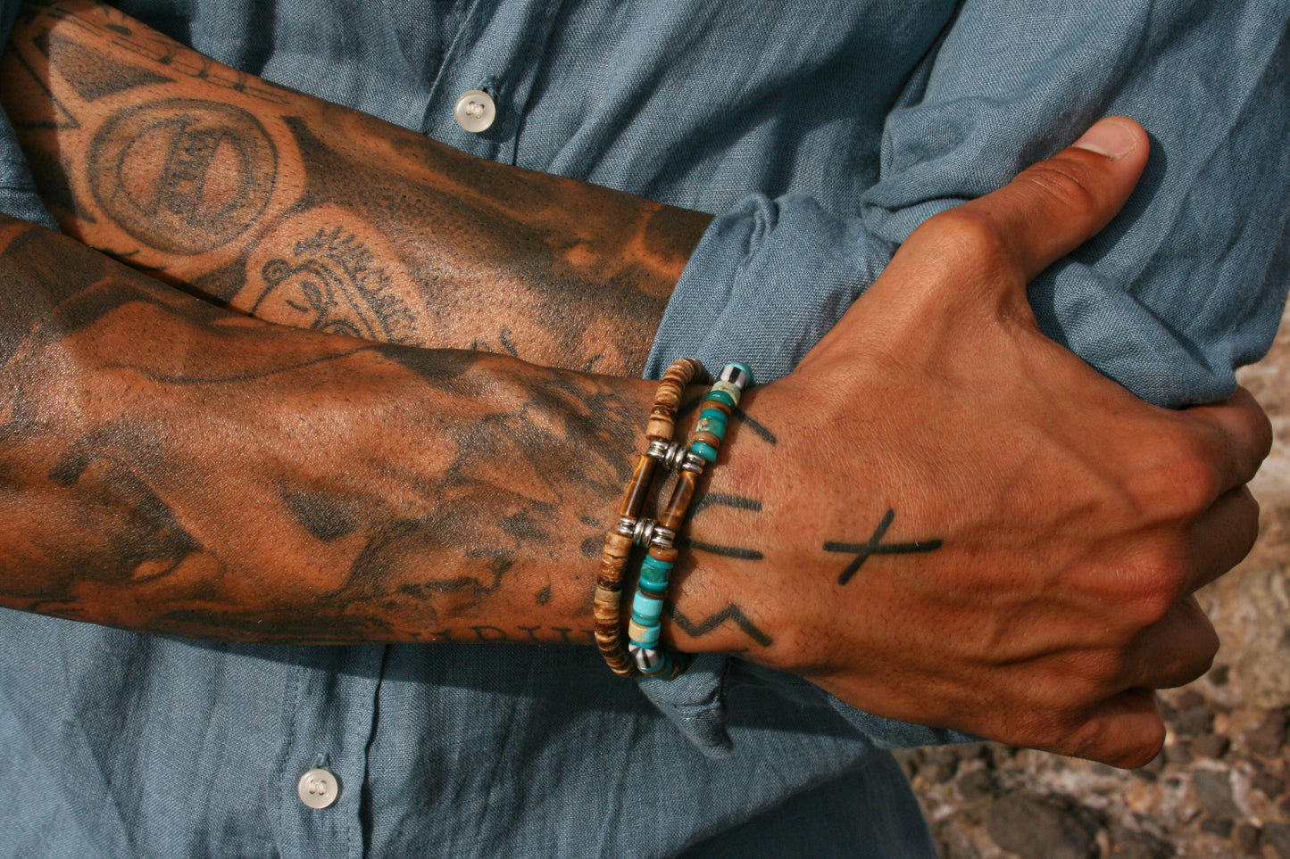 Unisex Turquoise & Coconut Bead Bracelet Set, Boho Hippie Bracelets, Handmade Gemstone Jewelry, Tiger Eye Bracelet Duo