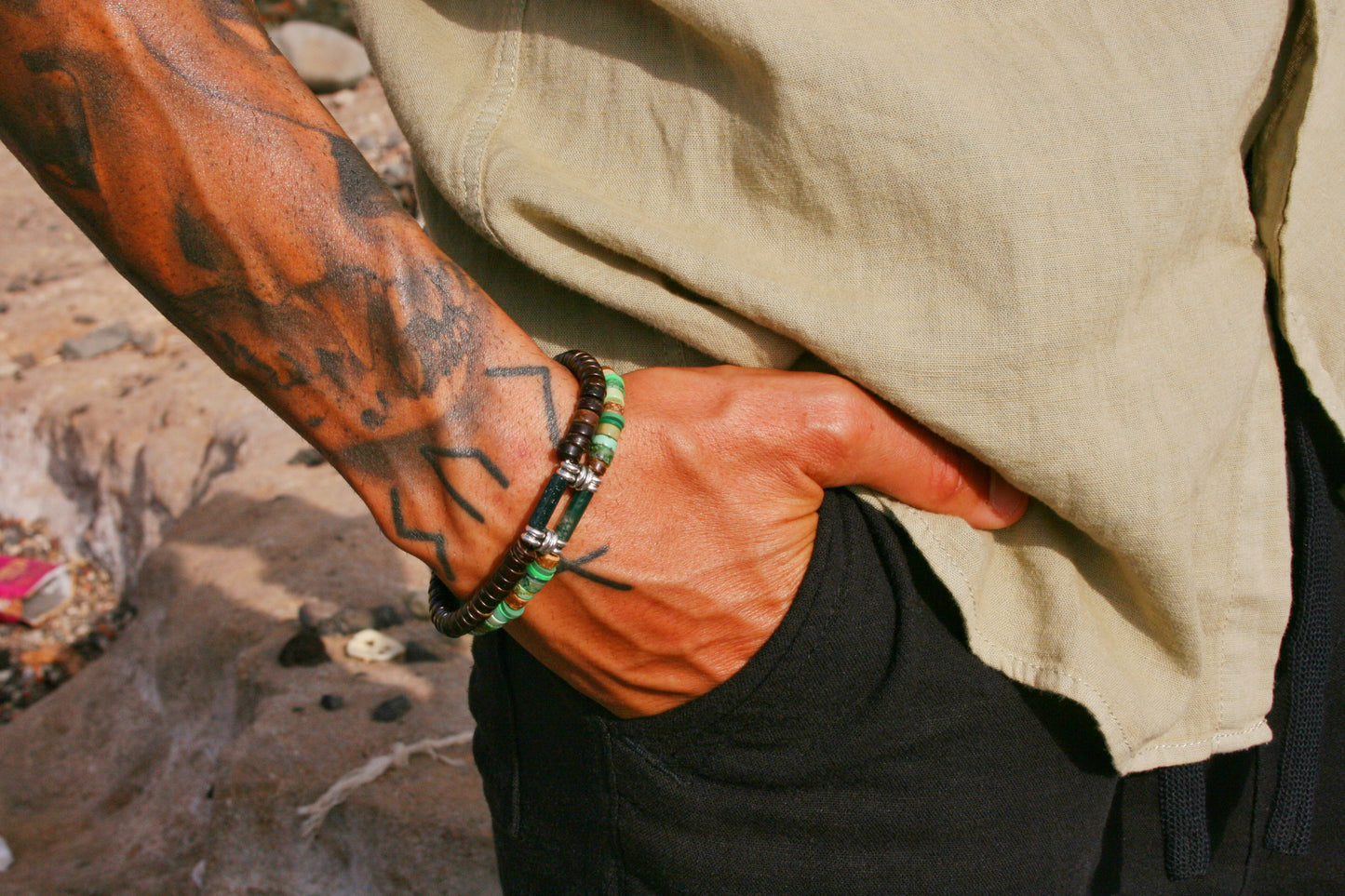 Moss Agate & Jasper Bracelet Set – Coconut Bead Unisex Boho Jewelry