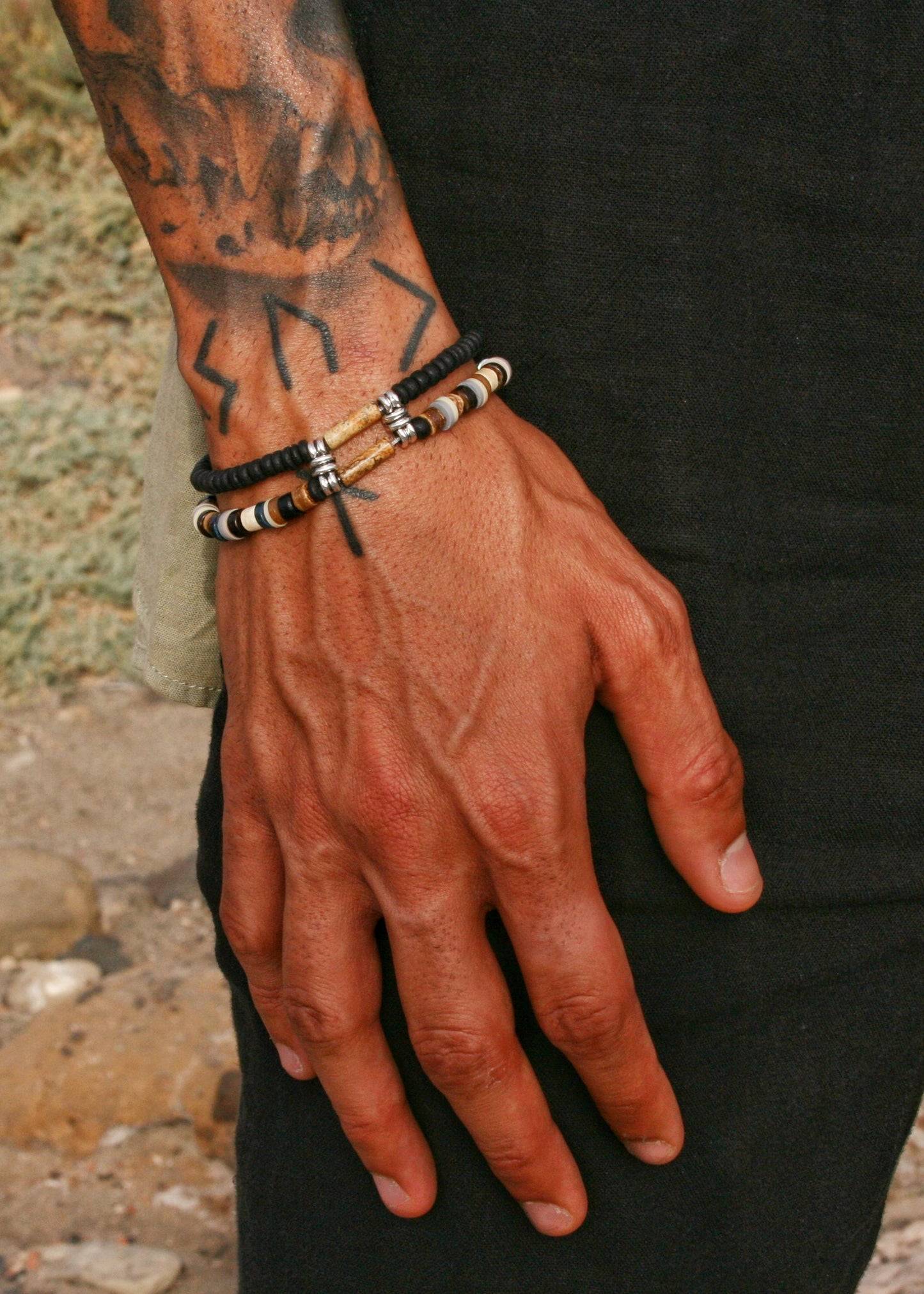 Men's Gemstone Bracelet Set – Coconut & Wood Boho Stretch Bracelets