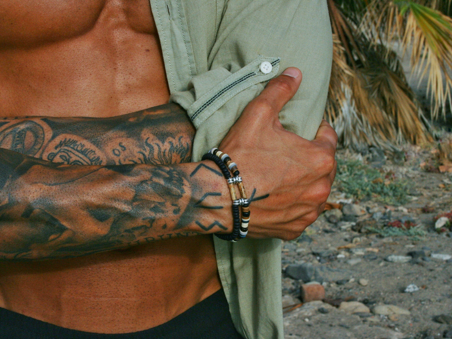 Men's Gemstone Bracelet Set – Coconut & Wood Boho Stretch Bracelets