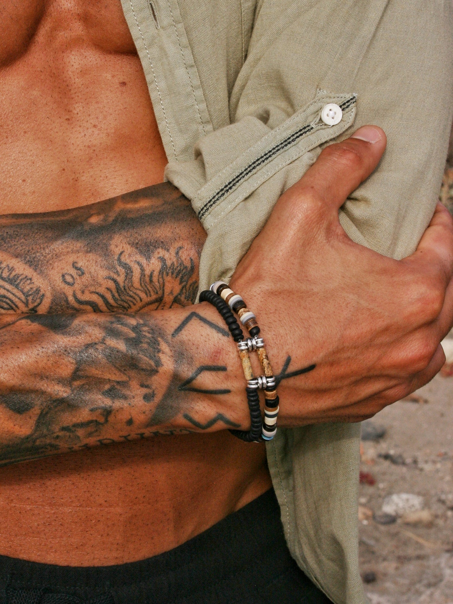 Men's Gemstone Bracelet Set – Coconut & Wood Boho Stretch Bracelets