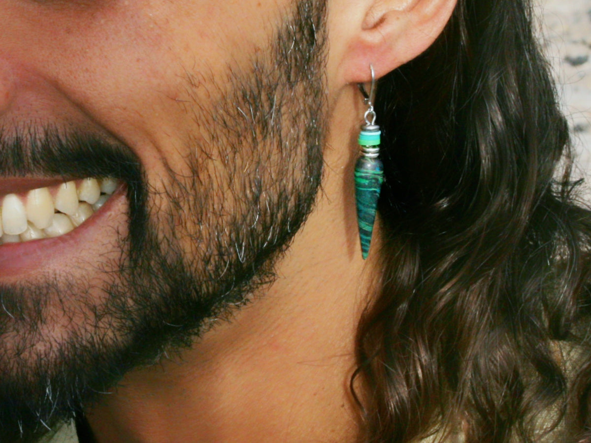 Men's Green Cone Drop Earring – Polymer Clay Heishi Beads Boho Jewelry