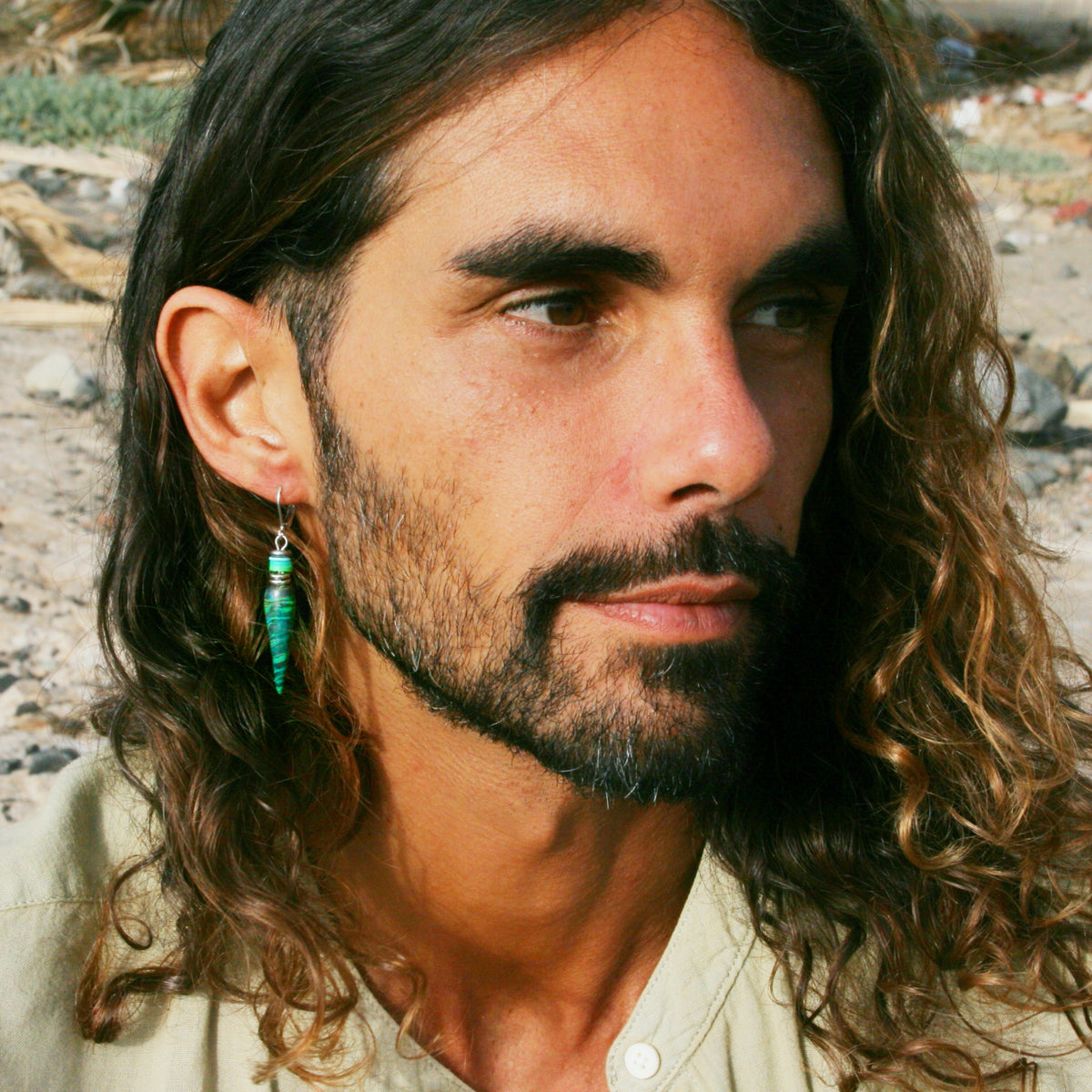 Men's Green Cone Drop Earring – Polymer Clay Heishi Beads Boho Jewelry