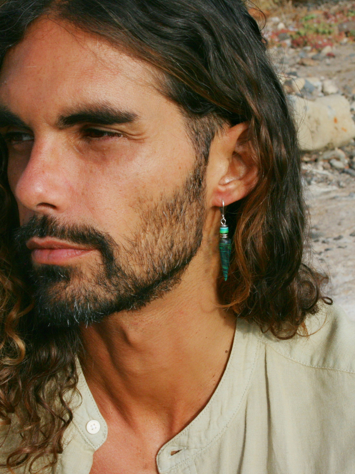 Men's Green Cone Drop Earring – Polymer Clay Heishi Beads Boho Jewelry