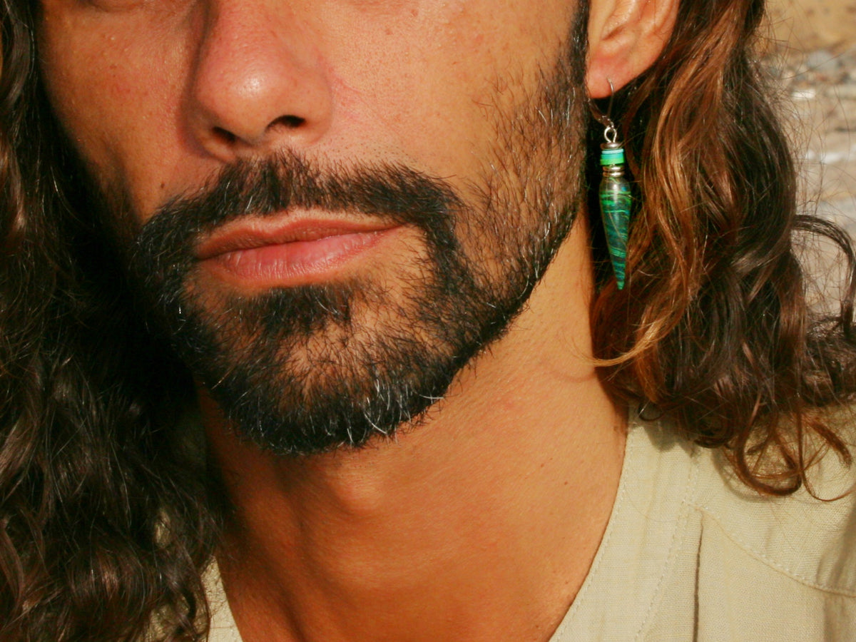 Men's Green Cone Drop Earring – Polymer Clay Heishi Beads Boho Jewelry