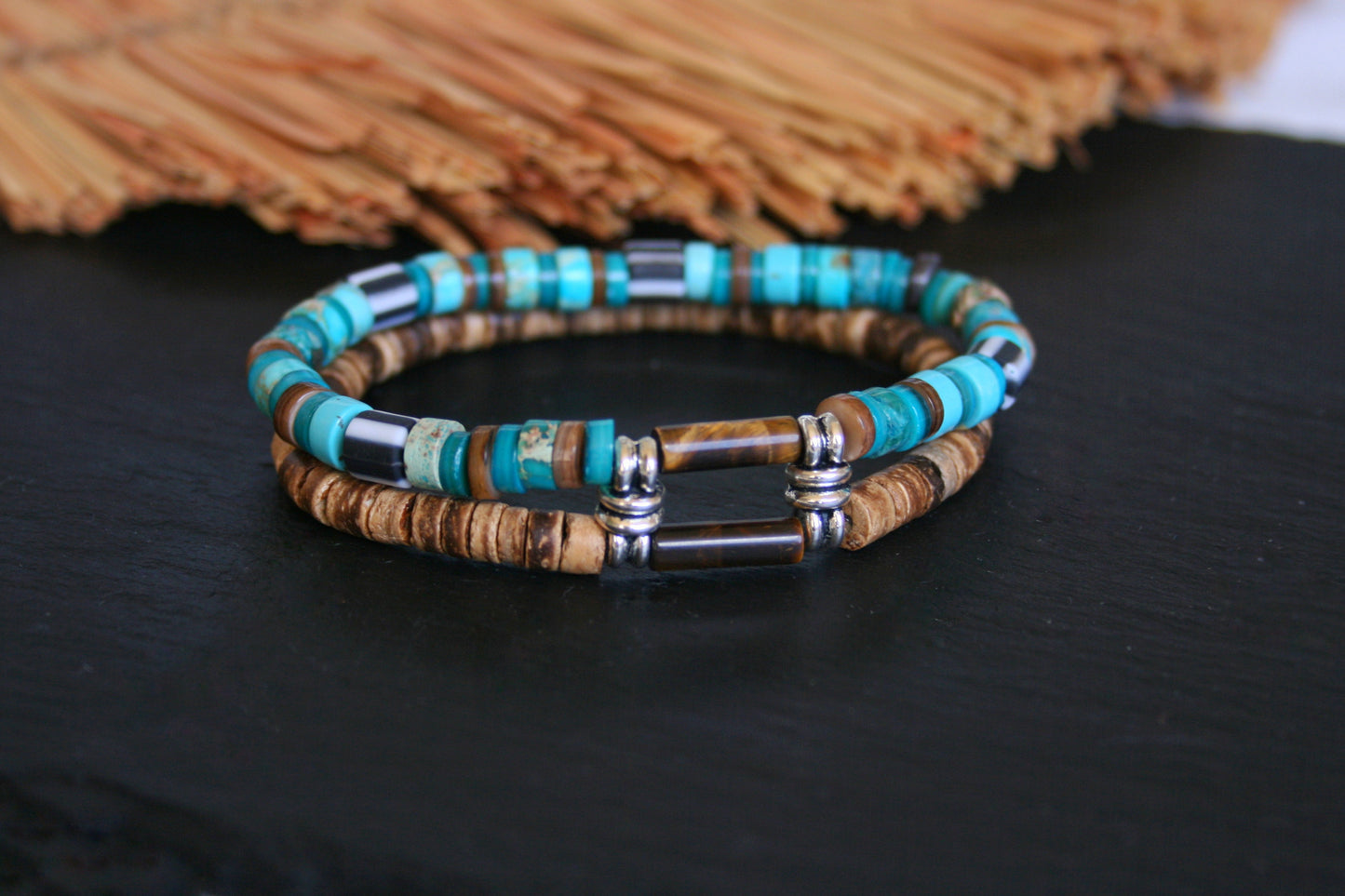 Unisex Turquoise & Coconut Bead Bracelet Set, Boho Hippie Bracelets, Handmade Gemstone Jewelry, Tiger Eye Bracelet Duo