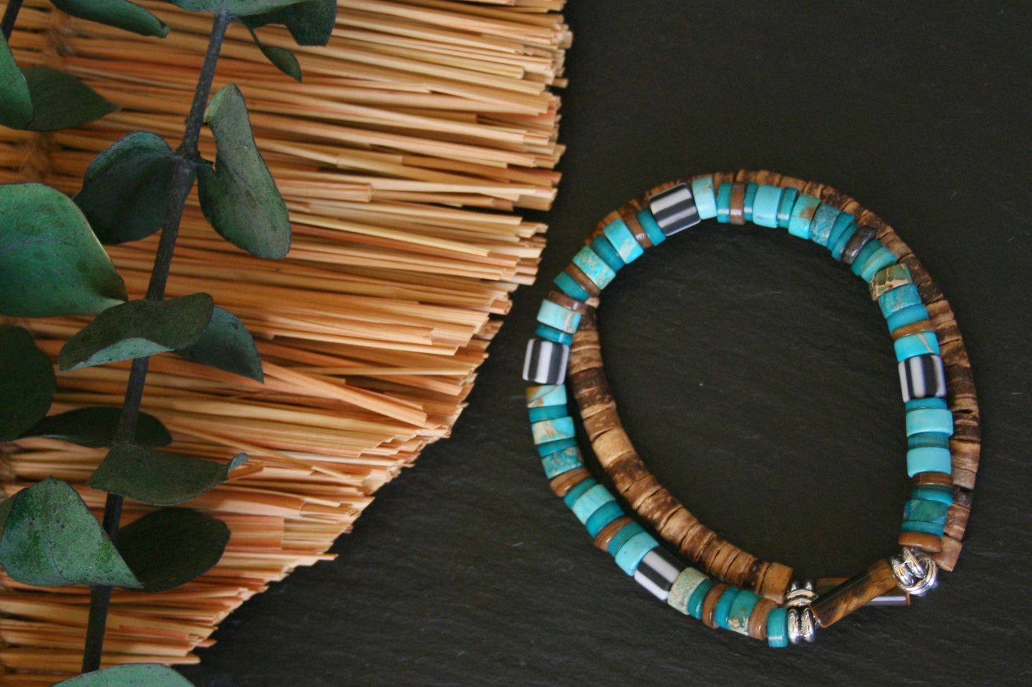 Unisex Turquoise & Coconut Bead Bracelet Set, Boho Hippie Bracelets, Handmade Gemstone Jewelry, Tiger Eye Bracelet Duo