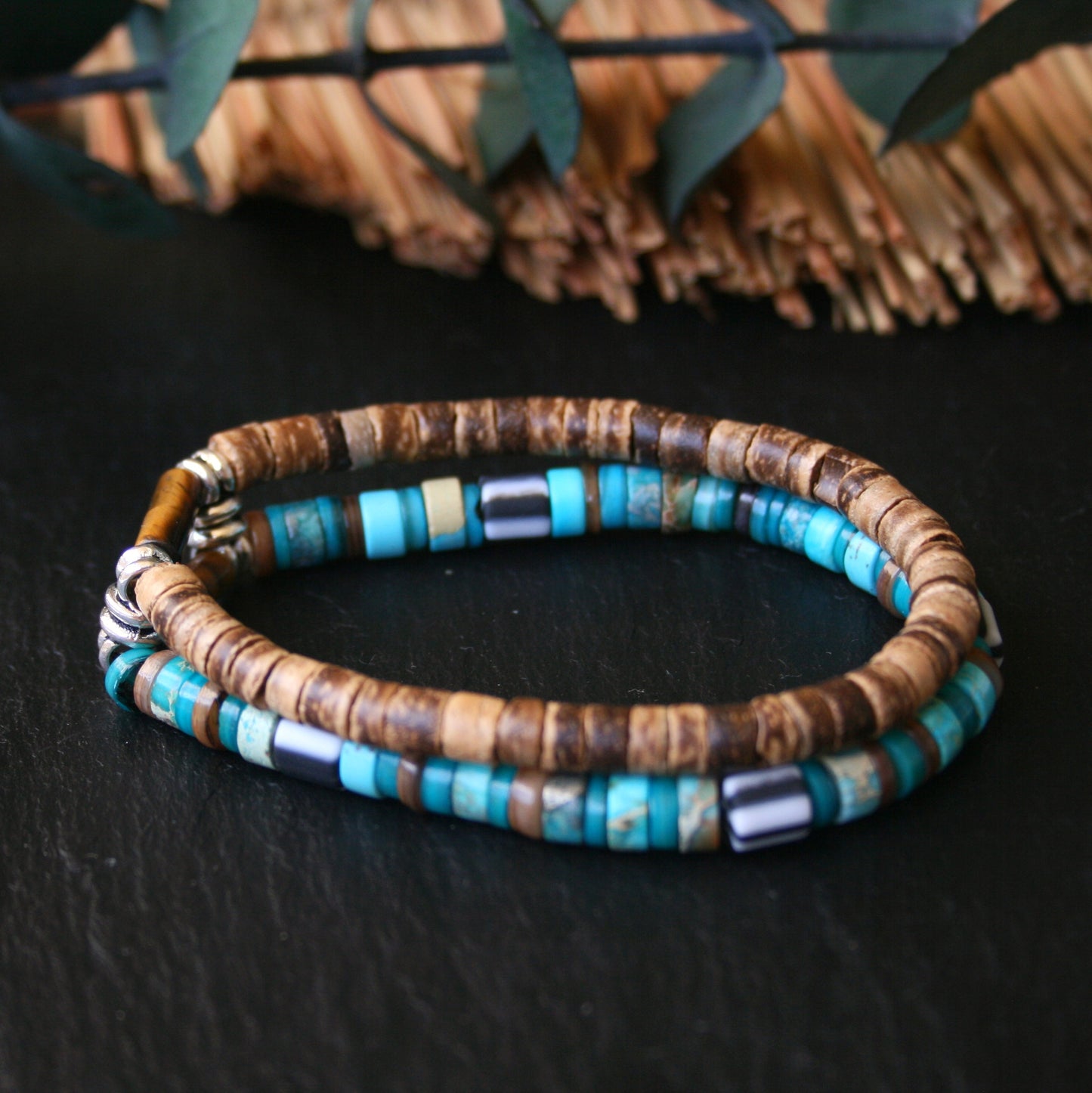 Unisex Turquoise & Coconut Bead Bracelet Set, Boho Hippie Bracelets, Handmade Gemstone Jewelry, Tiger Eye Bracelet Duo