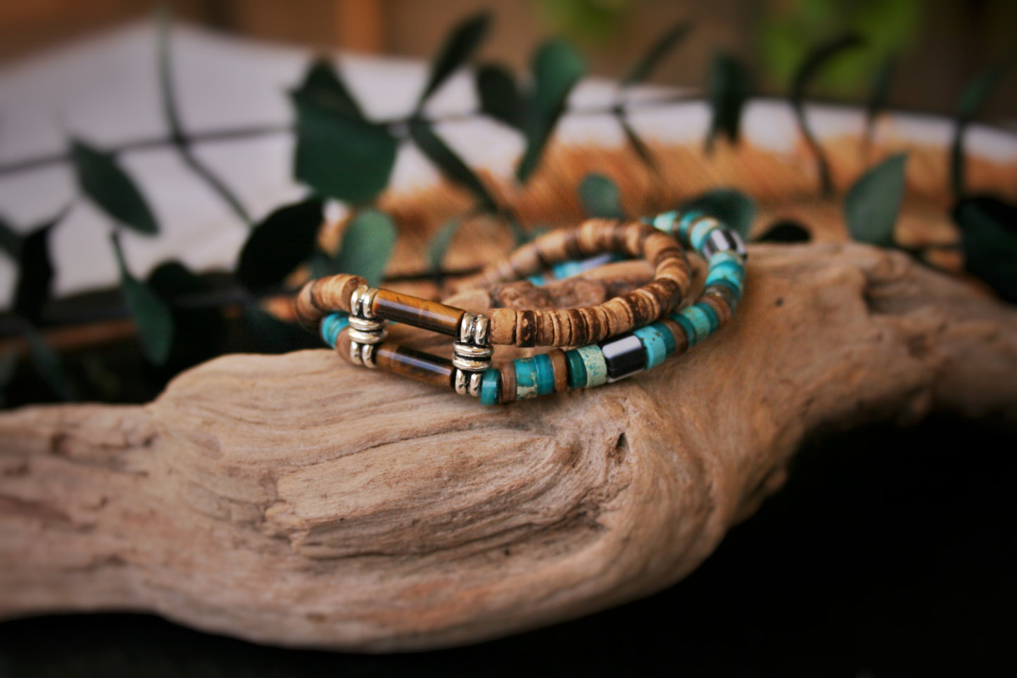 Unisex Turquoise & Coconut Bead Bracelet Set, Boho Hippie Bracelets, Handmade Gemstone Jewelry, Tiger Eye Bracelet Duo