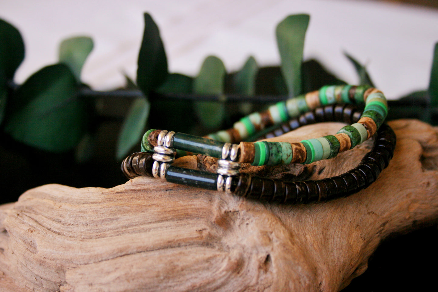 Moss Agate & Jasper Bracelet Set – Coconut Bead Unisex Boho Jewelry