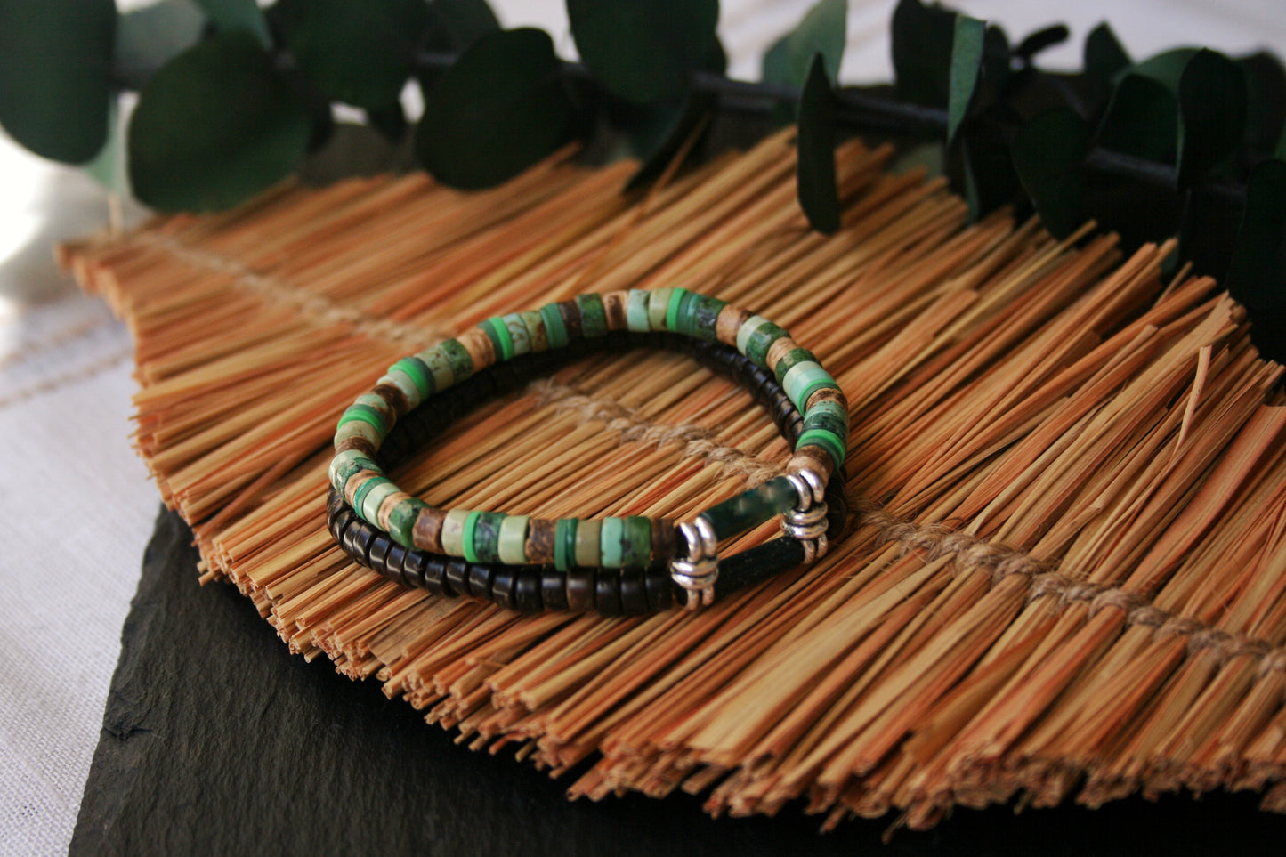 Moss Agate & Jasper Bracelet Set – Coconut Bead Unisex Boho Jewelry