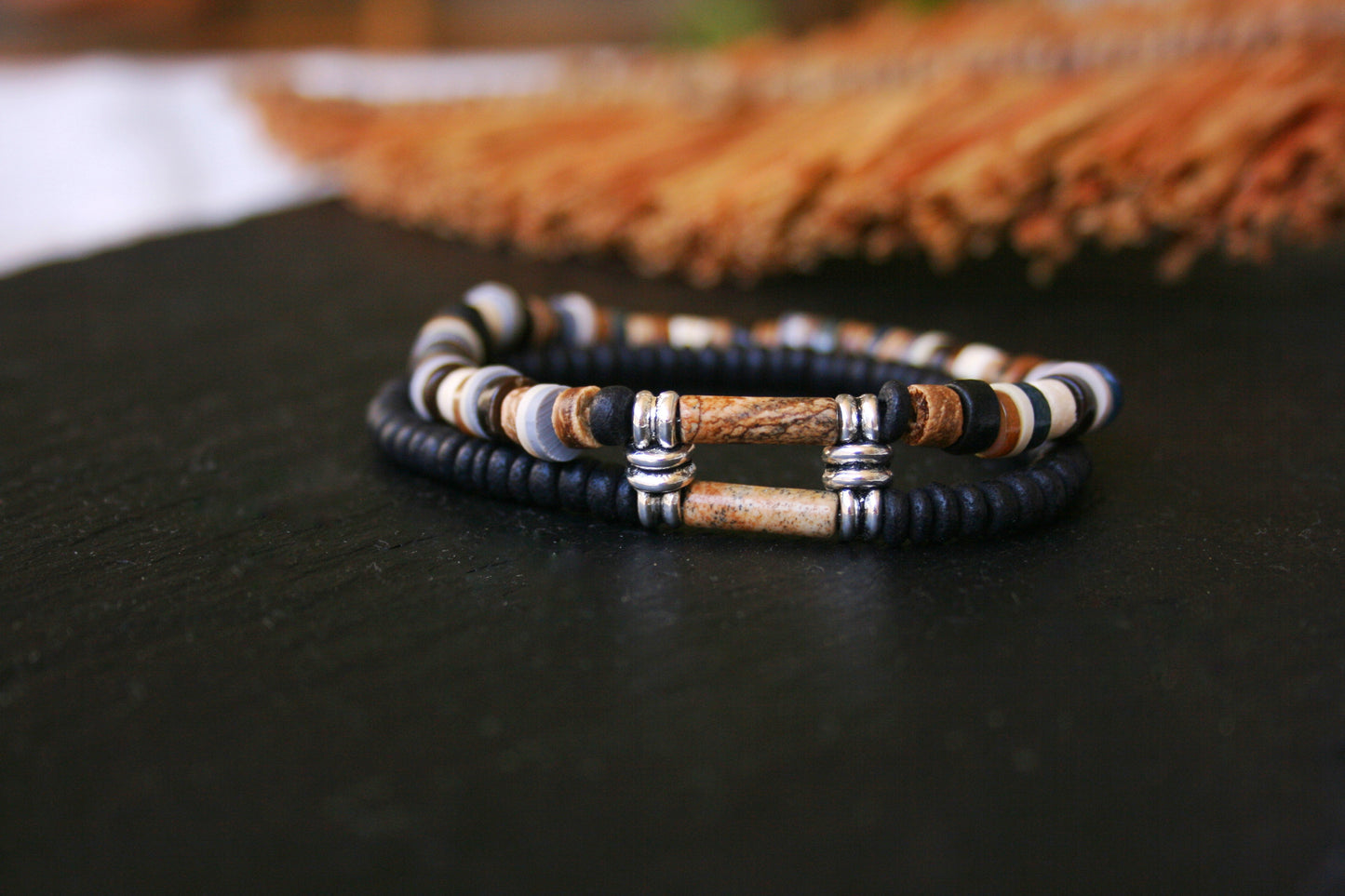 Men's Gemstone Bracelet Set – Coconut & Wood Boho Stretch Bracelets
