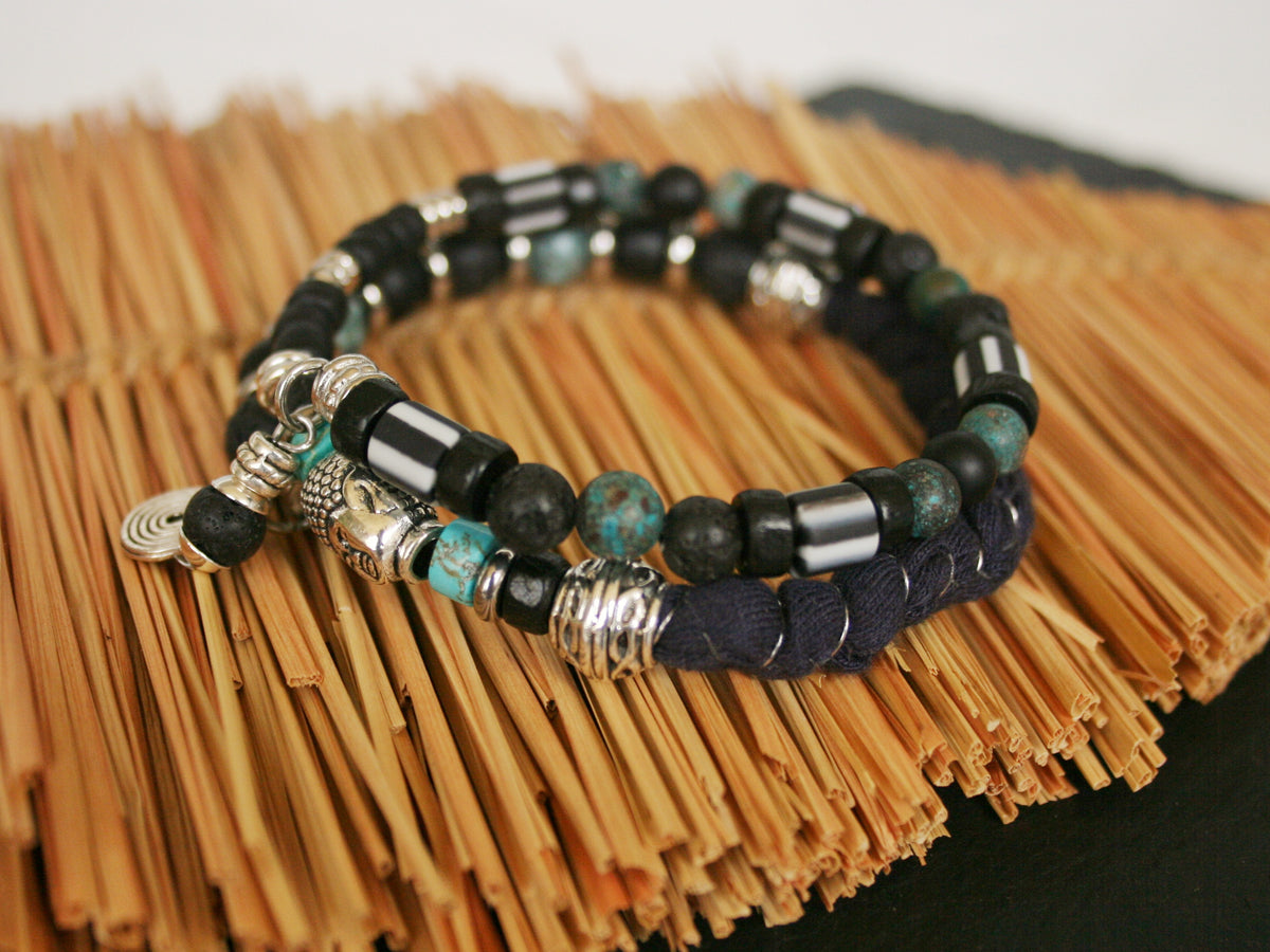 Men's Double Wrap Memory Wire Bracelet – Turquoise, Agate & Lava Stone Cuff