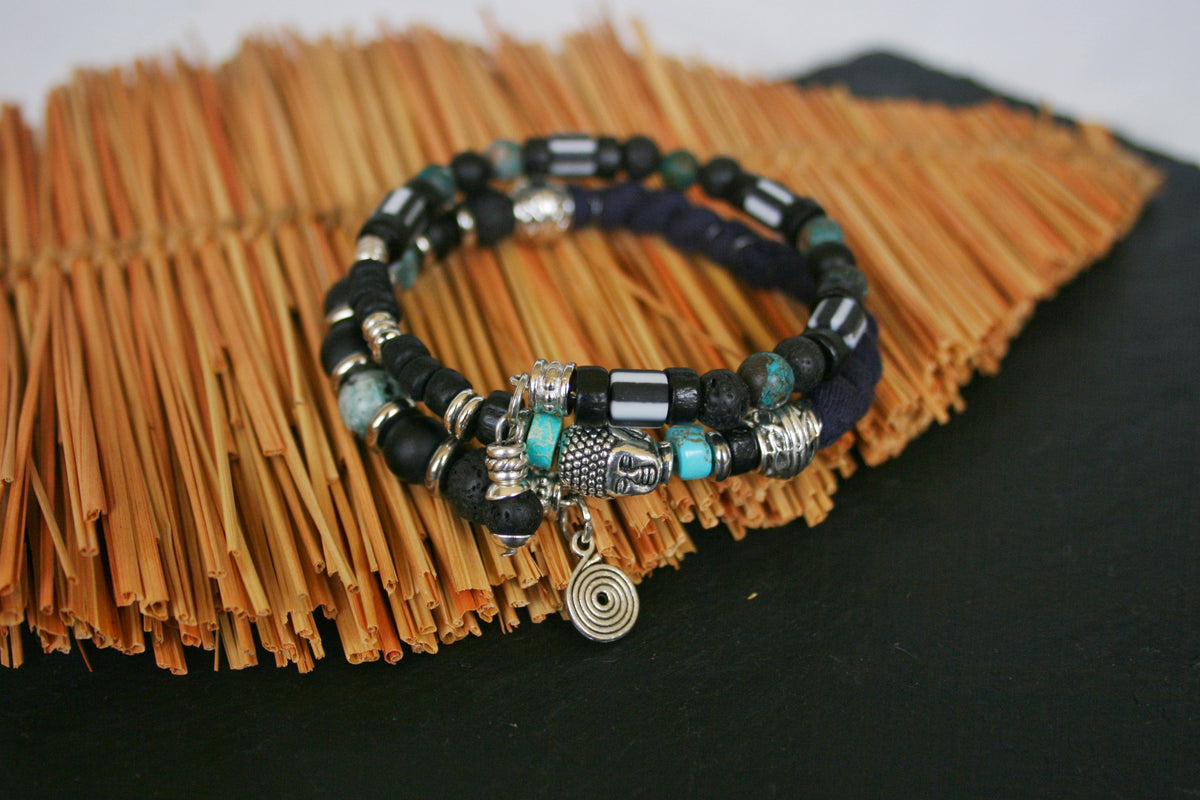 Men's Double Wrap Memory Wire Bracelet – Turquoise, Agate & Lava Stone Cuff