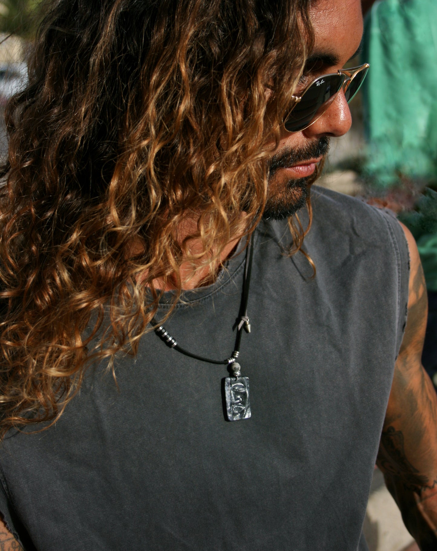 Handmade Polymer Clay Face Pendant Necklace – Boho Men's Faux Leather Choker