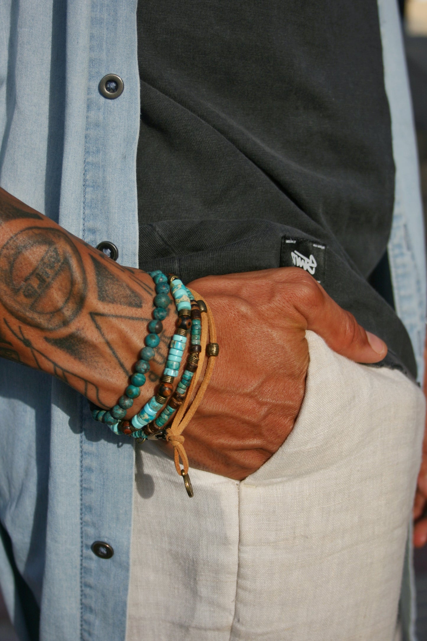Mens Beaded Bracelet Set – Tibetan Agate, Turquoise & Leather Bracelets