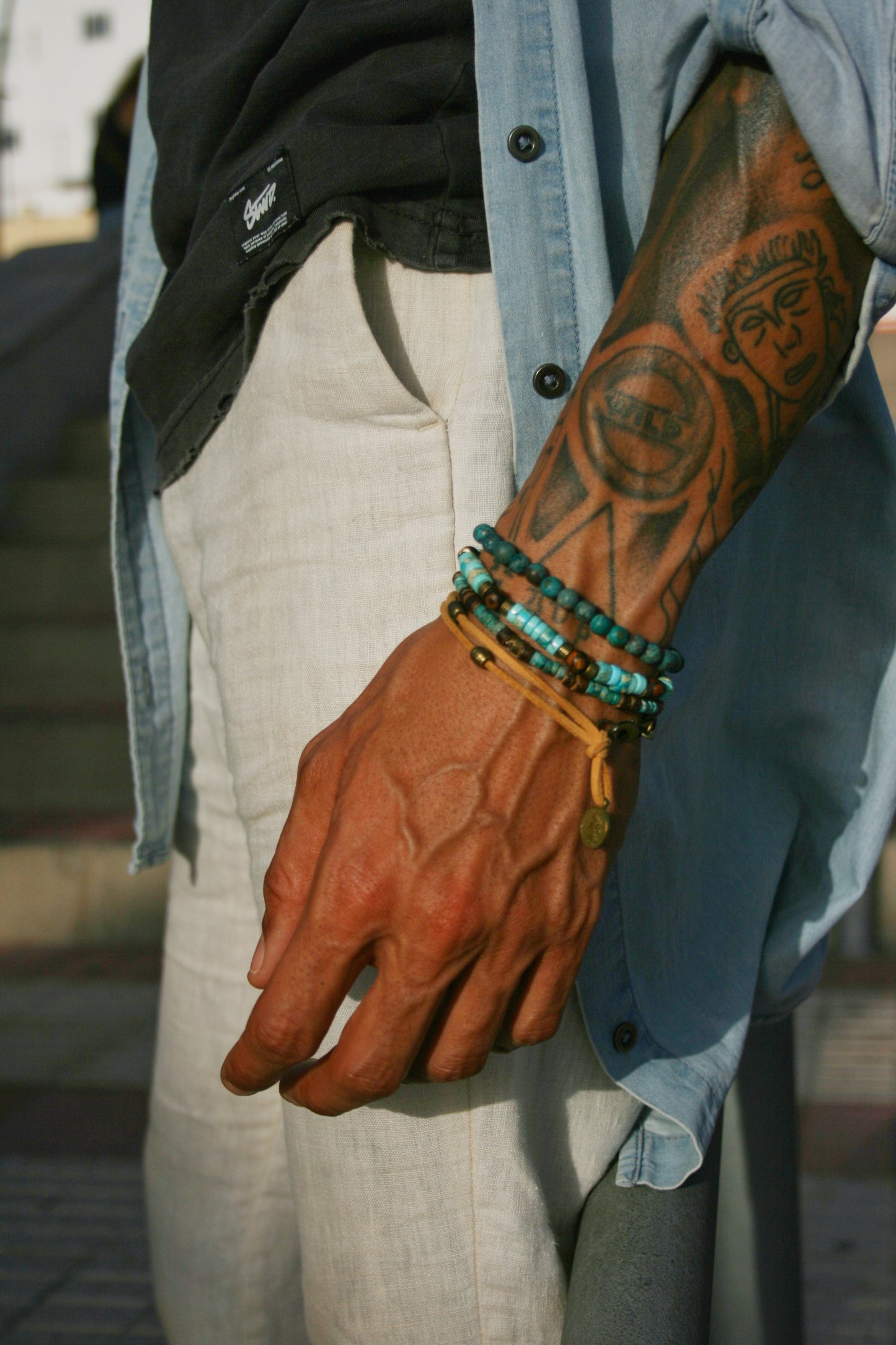 Mens Beaded Bracelet Set – Tibetan Agate, Turquoise & Leather Bracelets