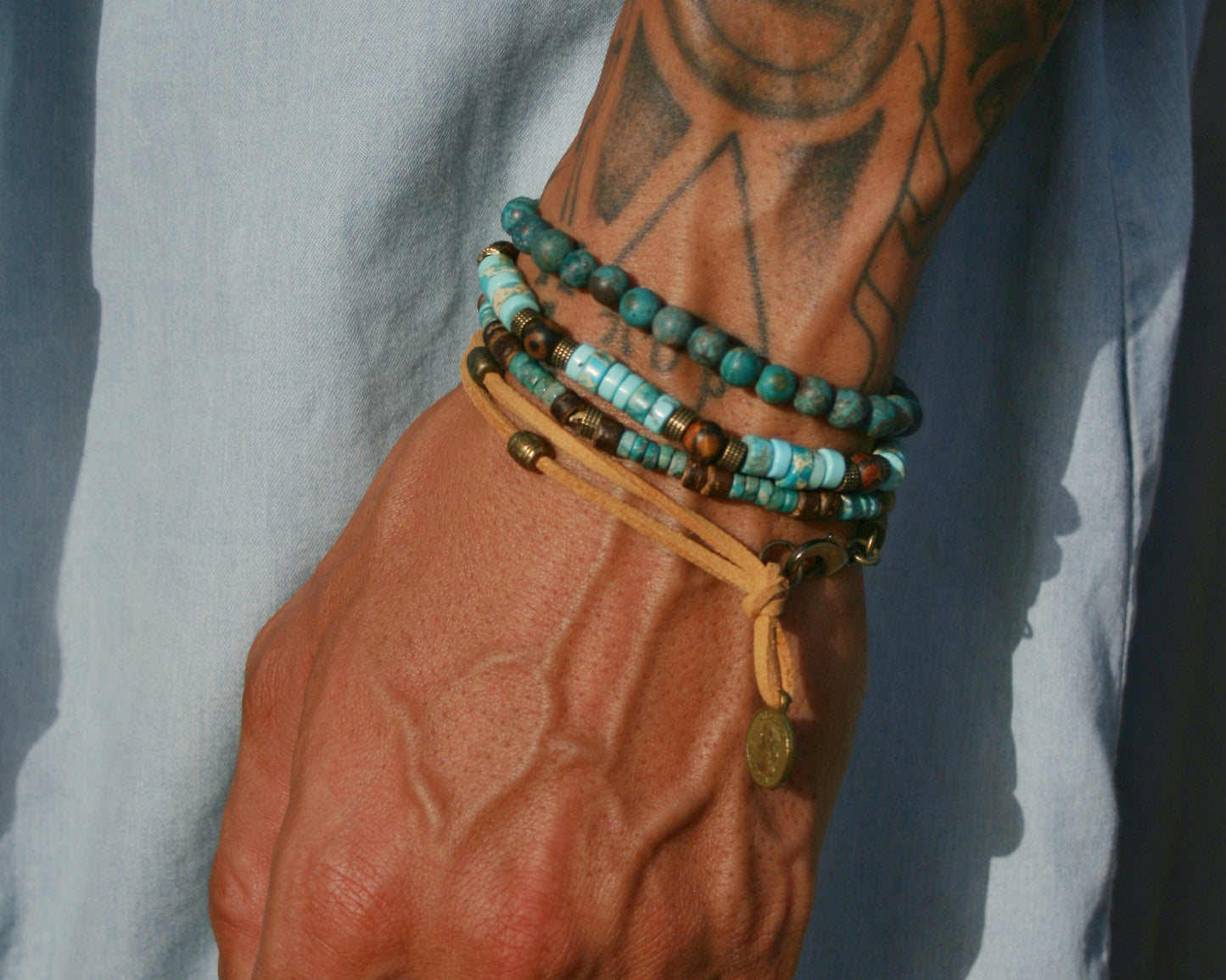 Mens Beaded Bracelet Set – Tibetan Agate, Turquoise & Leather Bracelets
