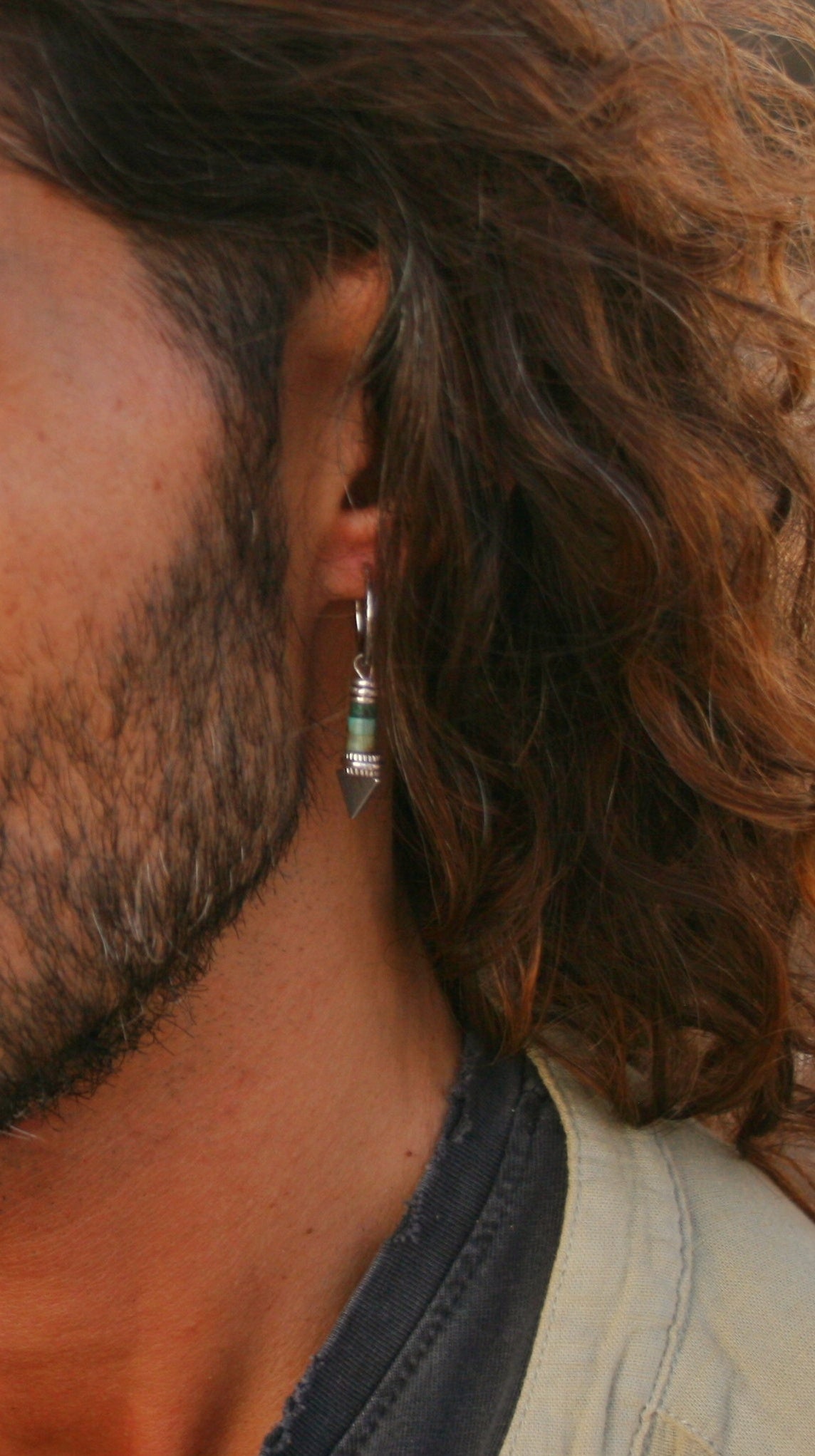 Triangle Dangle Earring for Men, Malachite Earring, Chrysocolla Gemstone Jewelry, Single Men's Earring, Black Coconut Wood Earring