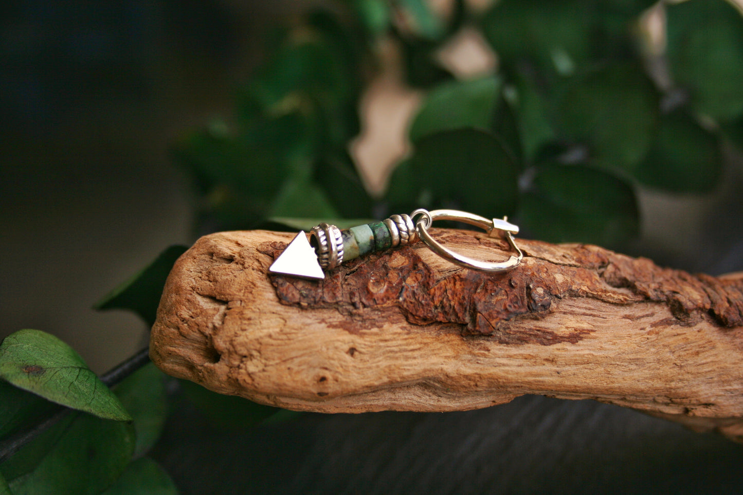 Triangle Dangle Earring for Men, Malachite Earring, Chrysocolla Gemstone Jewelry, Single Men's Earring, Black Coconut Wood Earring