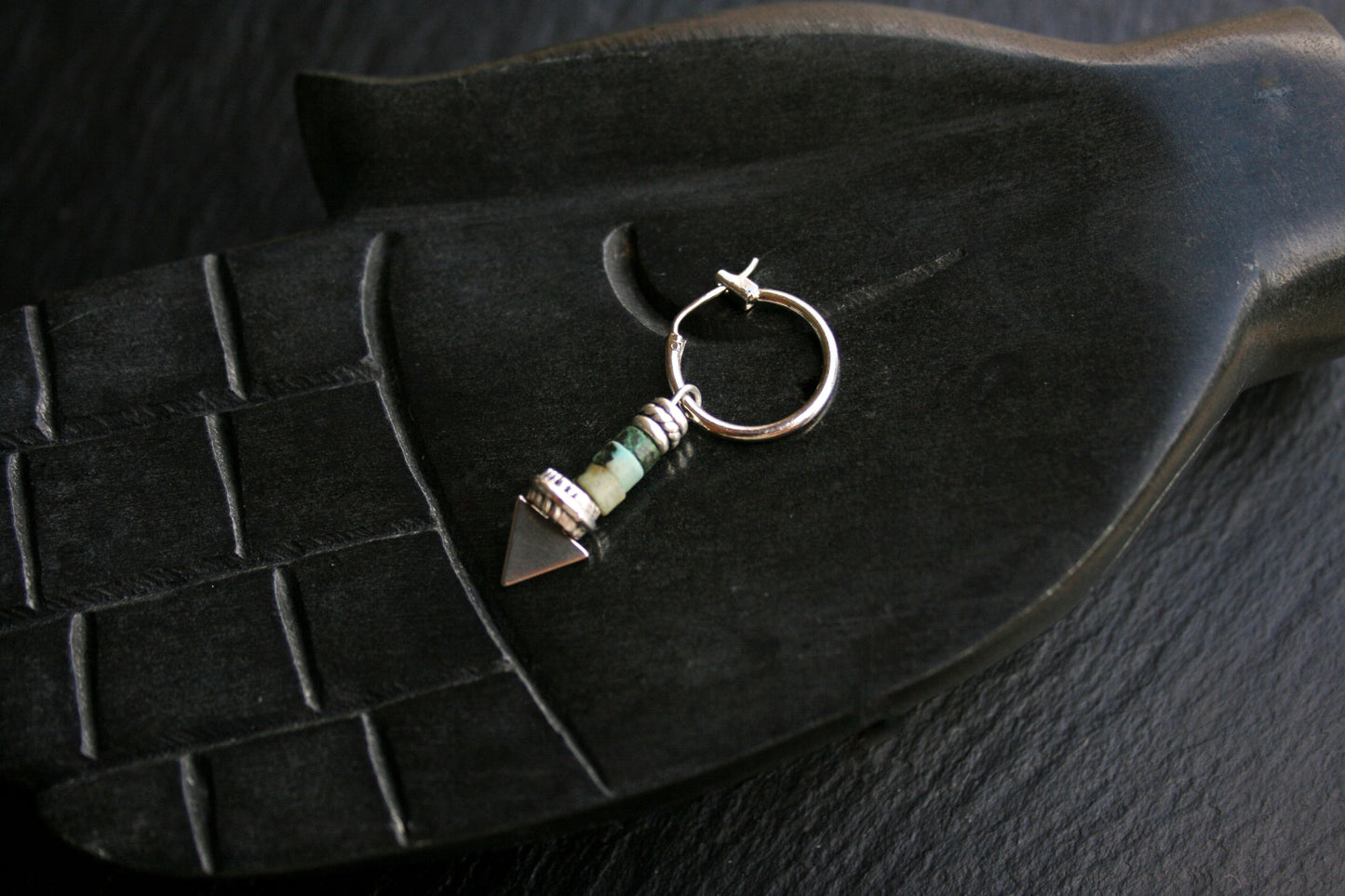 Triangle Dangle Earring for Men, Malachite Earring, Chrysocolla Gemstone Jewelry, Single Men's Earring, Black Coconut Wood Earring
