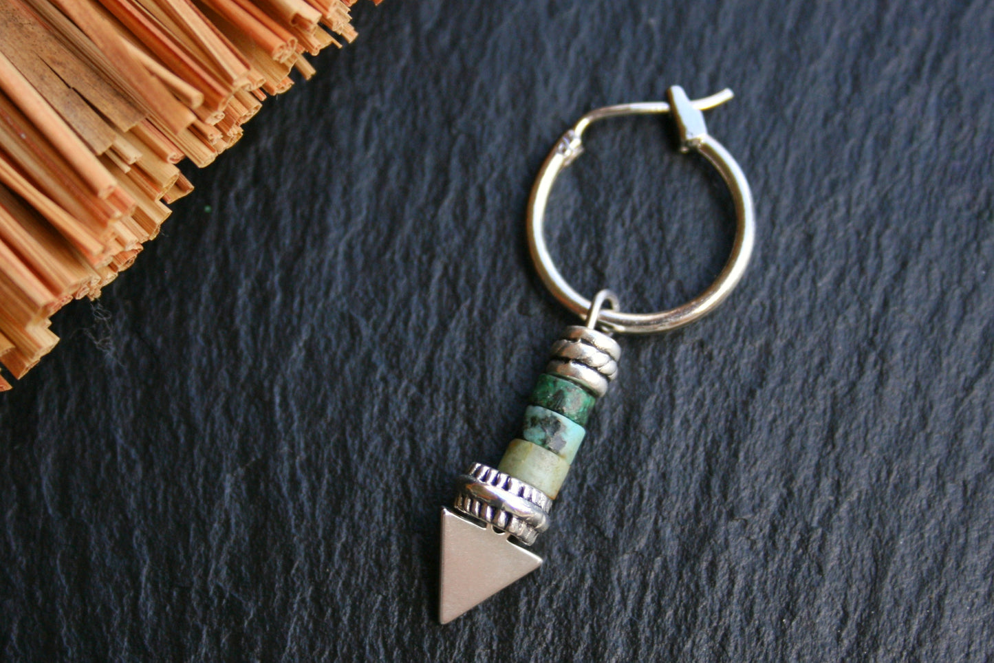 Triangle Dangle Earring for Men, Malachite Earring, Chrysocolla Gemstone Jewelry, Single Men's Earring, Black Coconut Wood Earring