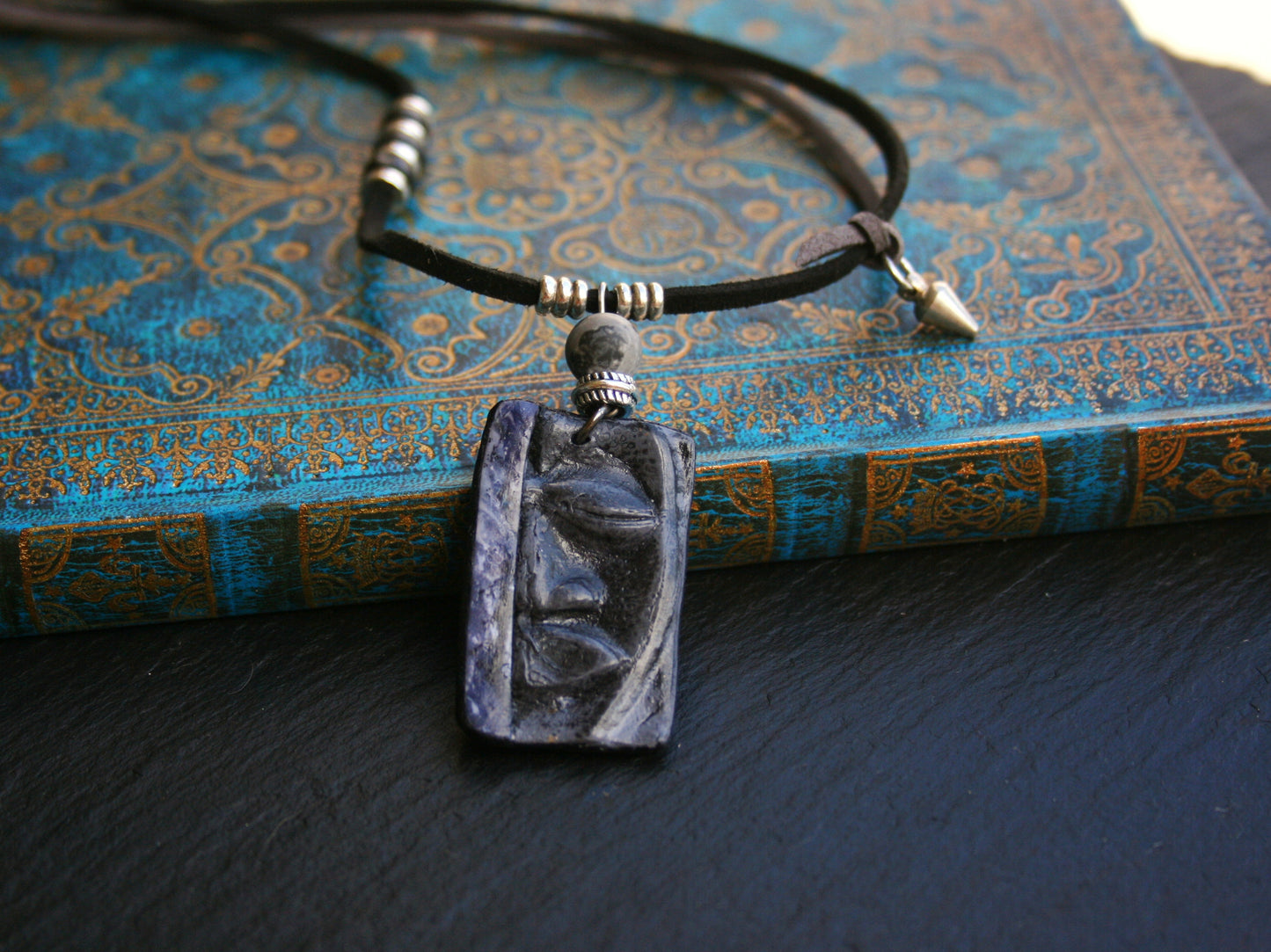 Handmade Polymer Clay Face Pendant Necklace – Boho Men's Faux Leather Choker