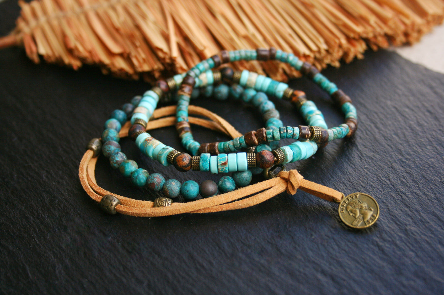 Mens Beaded Bracelet Set – Tibetan Agate, Turquoise & Leather Bracelets