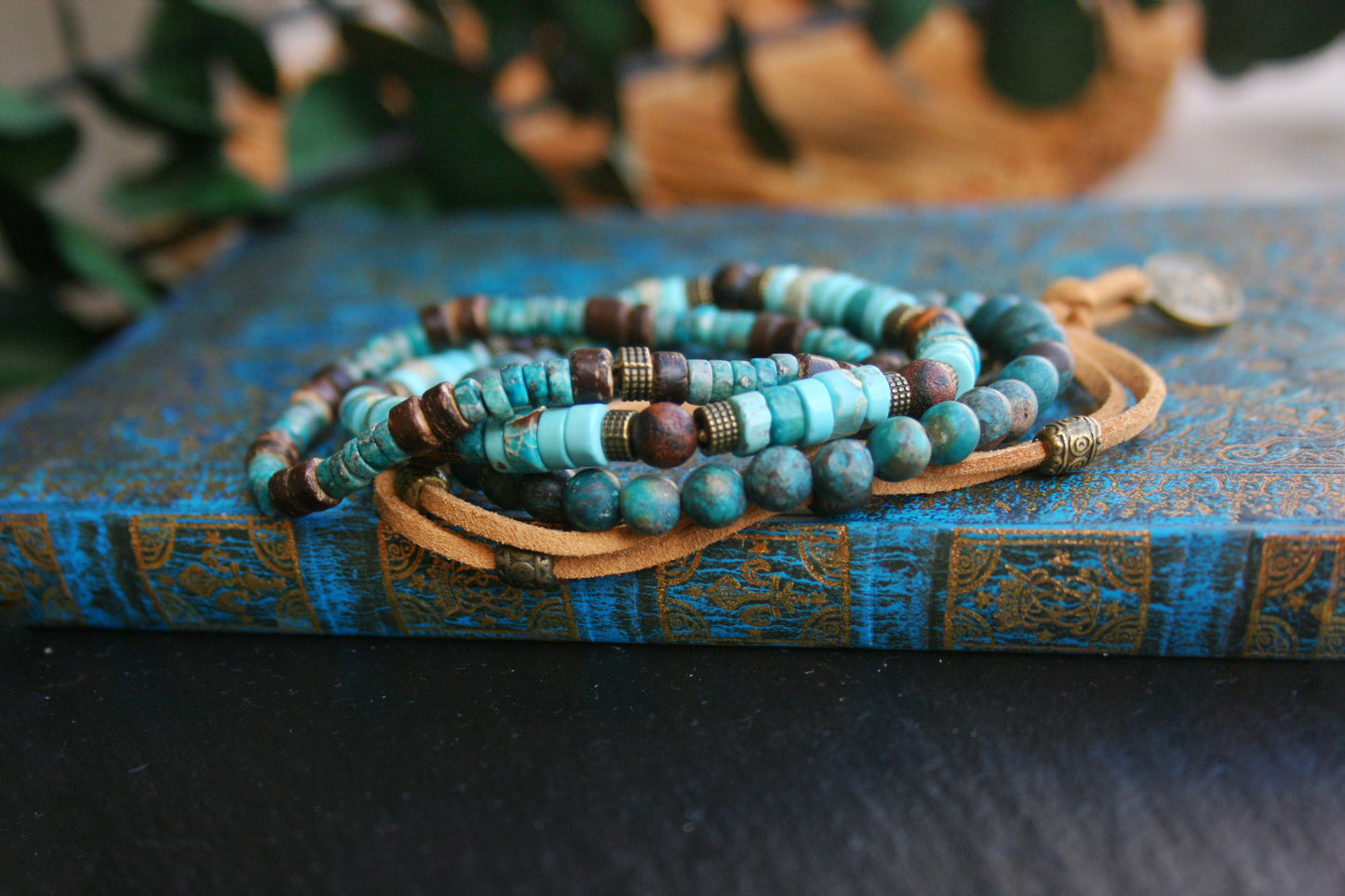 Mens Beaded Bracelet Set – Tibetan Agate, Turquoise & Leather Bracelets