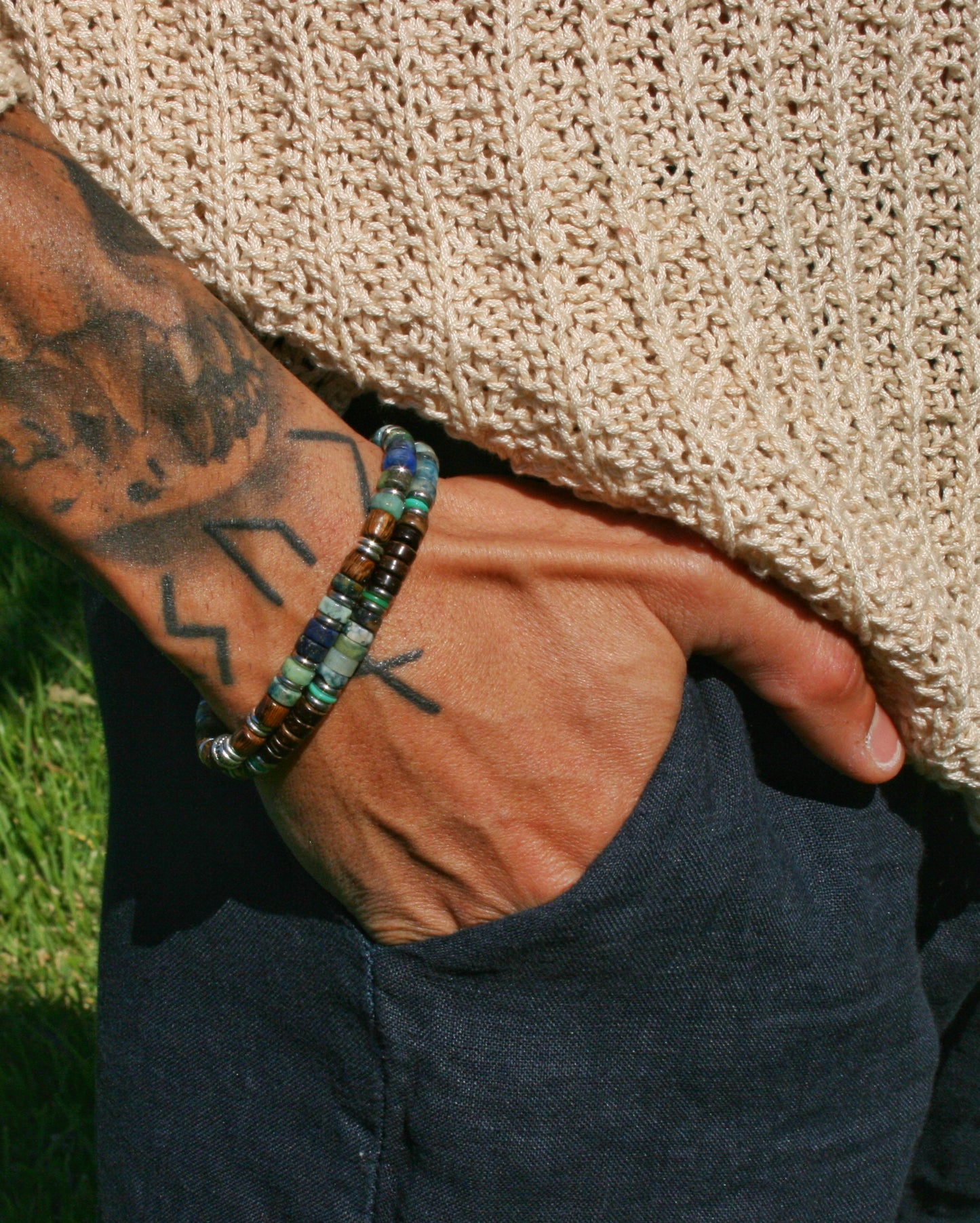Mens Gemstone Bracelet Set – Handmade Chrysocolla, Lapis Lazuli & Wood Bracelets
