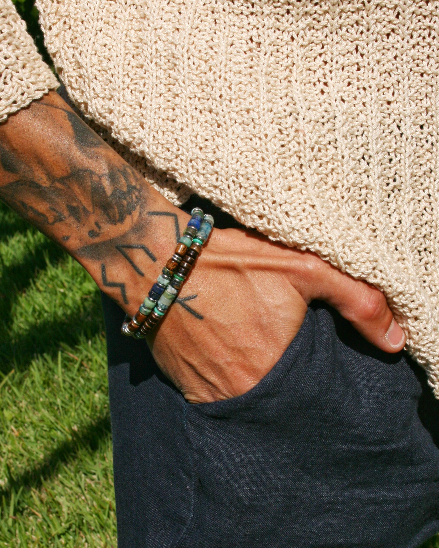 Mens Gemstone Bracelet Set – Handmade Chrysocolla, Lapis Lazuli & Wood Bracelets
