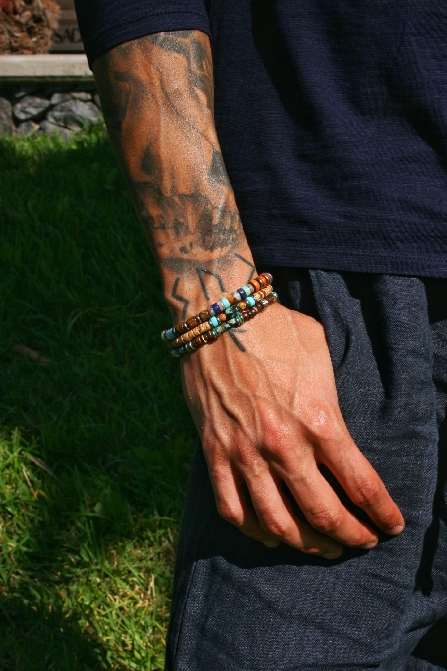 Boho Gemstone & Coconut Bracelet Set – Lapis Lazuli, Chrysocolla & Turquoise Bracelet Stack