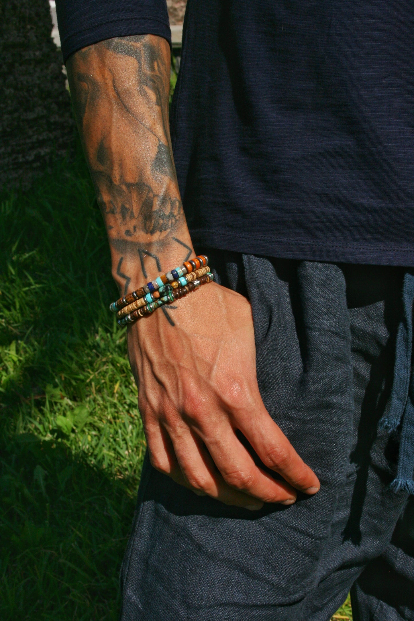 Boho Gemstone & Coconut Bracelet Set – Lapis Lazuli, Chrysocolla & Turquoise Bracelet Stack