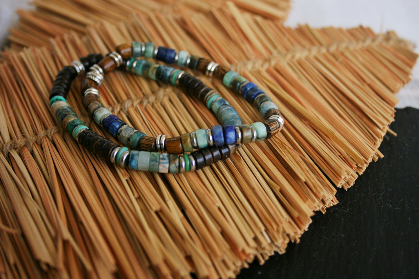 Mens Gemstone Bracelet Set – Handmade Chrysocolla, Lapis Lazuli & Wood Bracelets