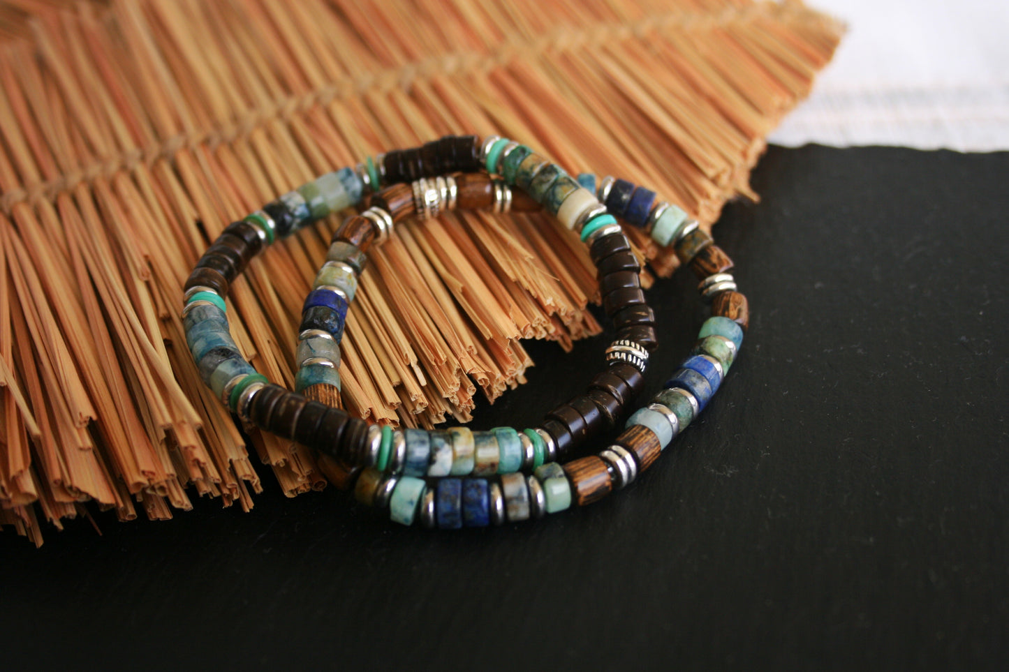 Mens Gemstone Bracelet Set – Handmade Chrysocolla, Lapis Lazuli & Wood Bracelets