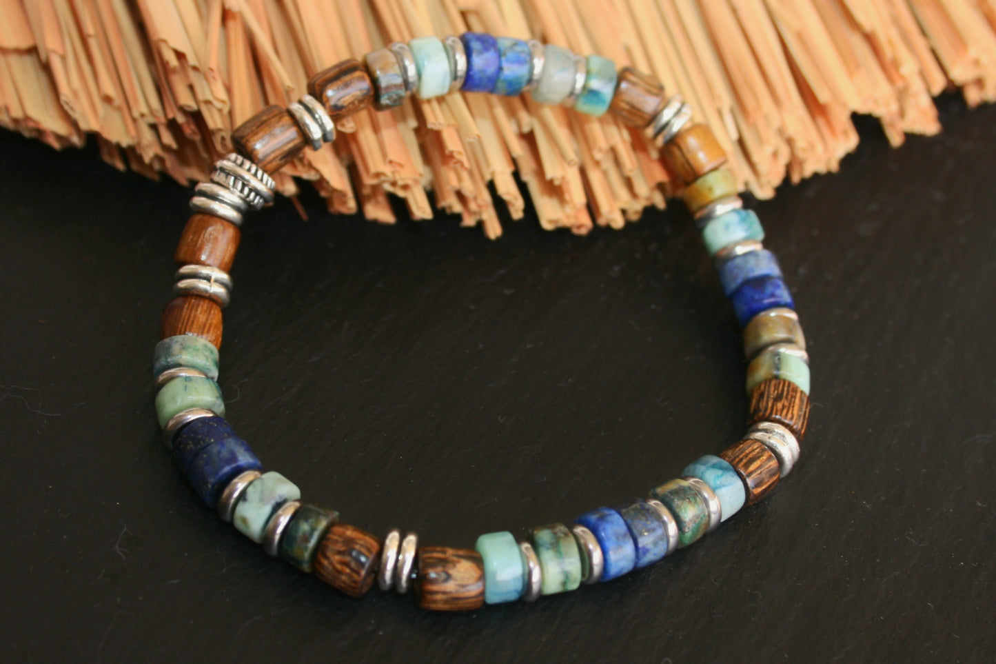 Mens Gemstone Bracelet Set – Handmade Chrysocolla, Lapis Lazuli & Wood Bracelets