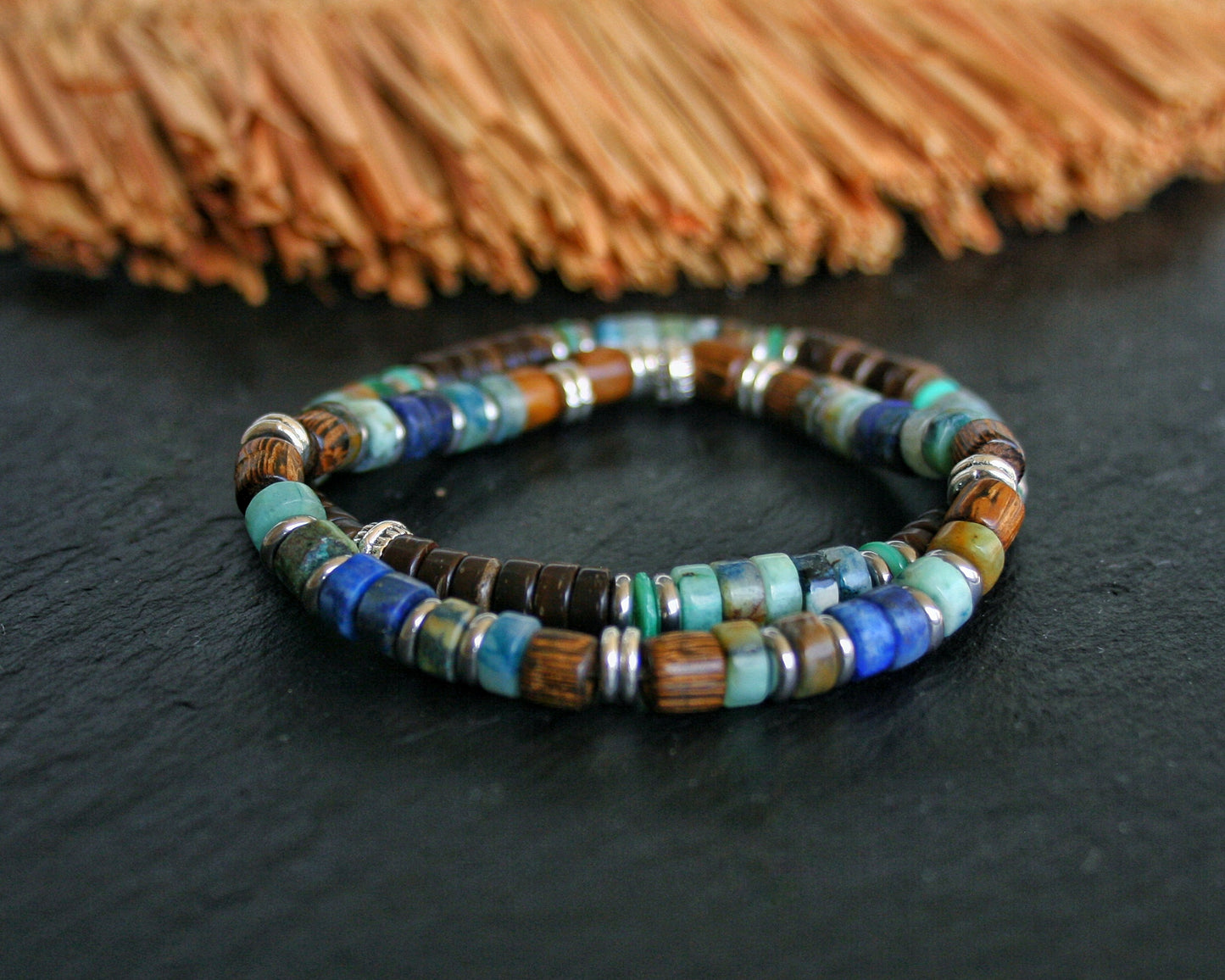Mens Gemstone Bracelet Set – Handmade Chrysocolla, Lapis Lazuli & Wood Bracelets